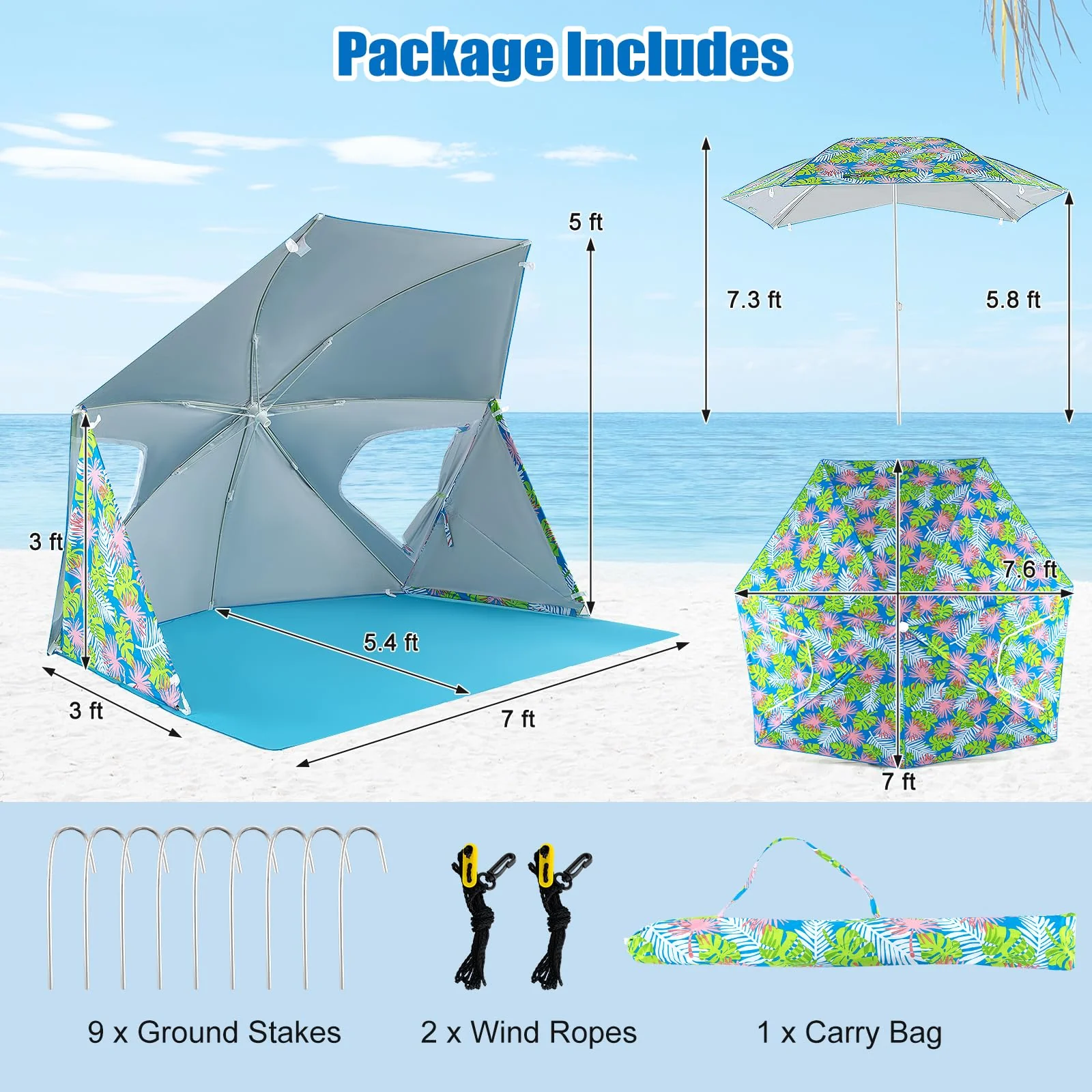 Goplus Convertible Beach Tent for 2-4 People, 2-in-1 Sun Umbrella with Roll-Up Windows, Dual Side Flaps - Image 6