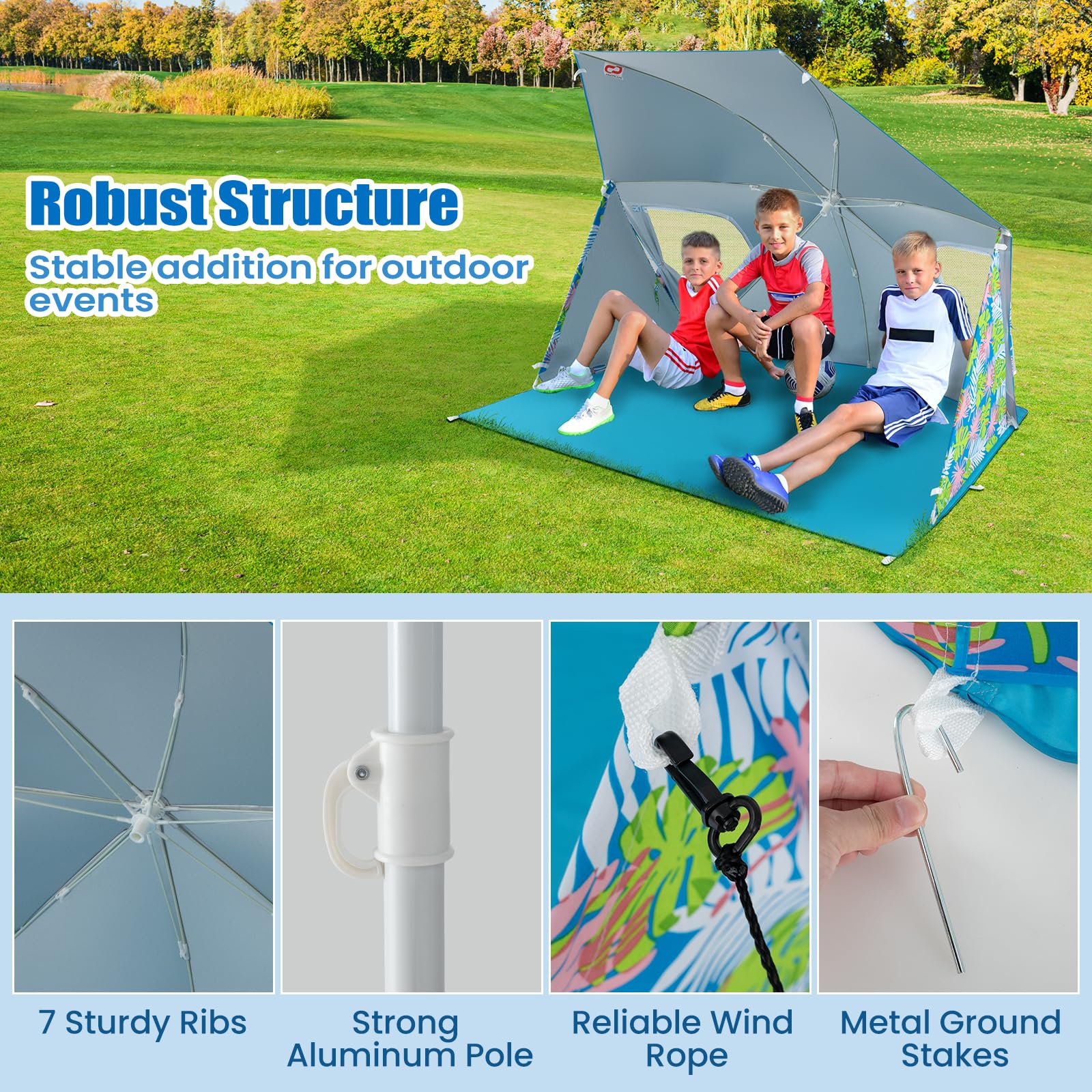 Goplus Convertible Beach Tent for 2-4 People, 2-in-1 Sun Umbrella with Roll-Up Windows, Dual Side Flaps - Image 7