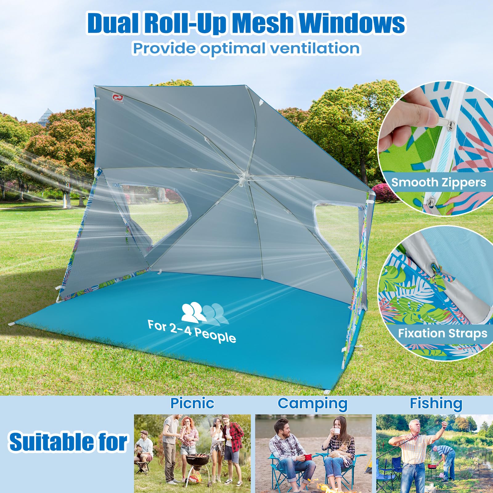 Goplus Convertible Beach Tent for 2-4 People, 2-in-1 Sun Umbrella with Roll-Up Windows, Dual Side Flaps - Image 8