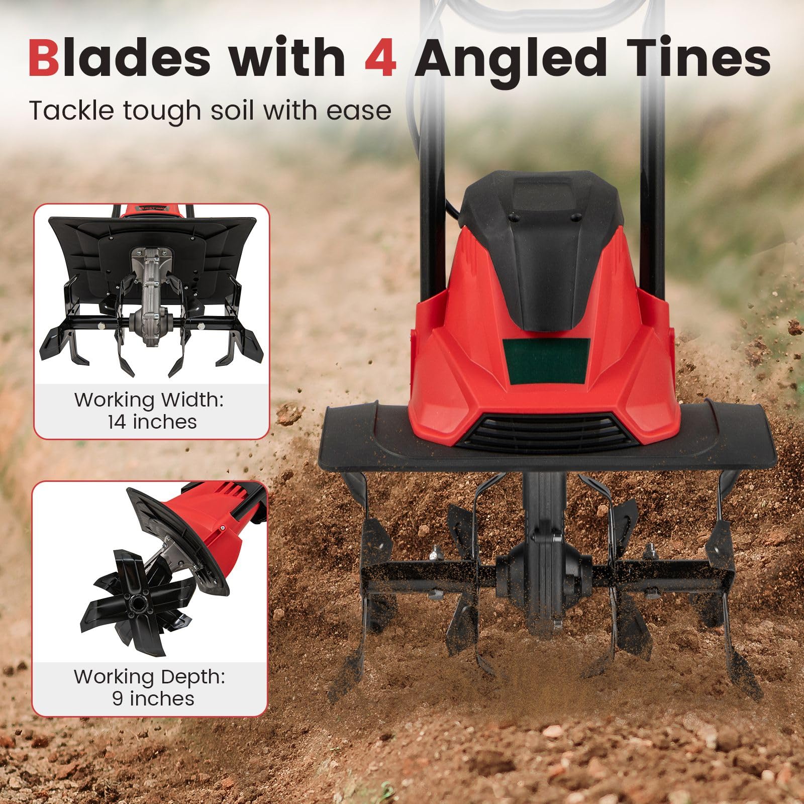 Goplus Corded Electric Tiller Cultivator 10 Amp Powerful Foldable Garden Rototiller - Image 2