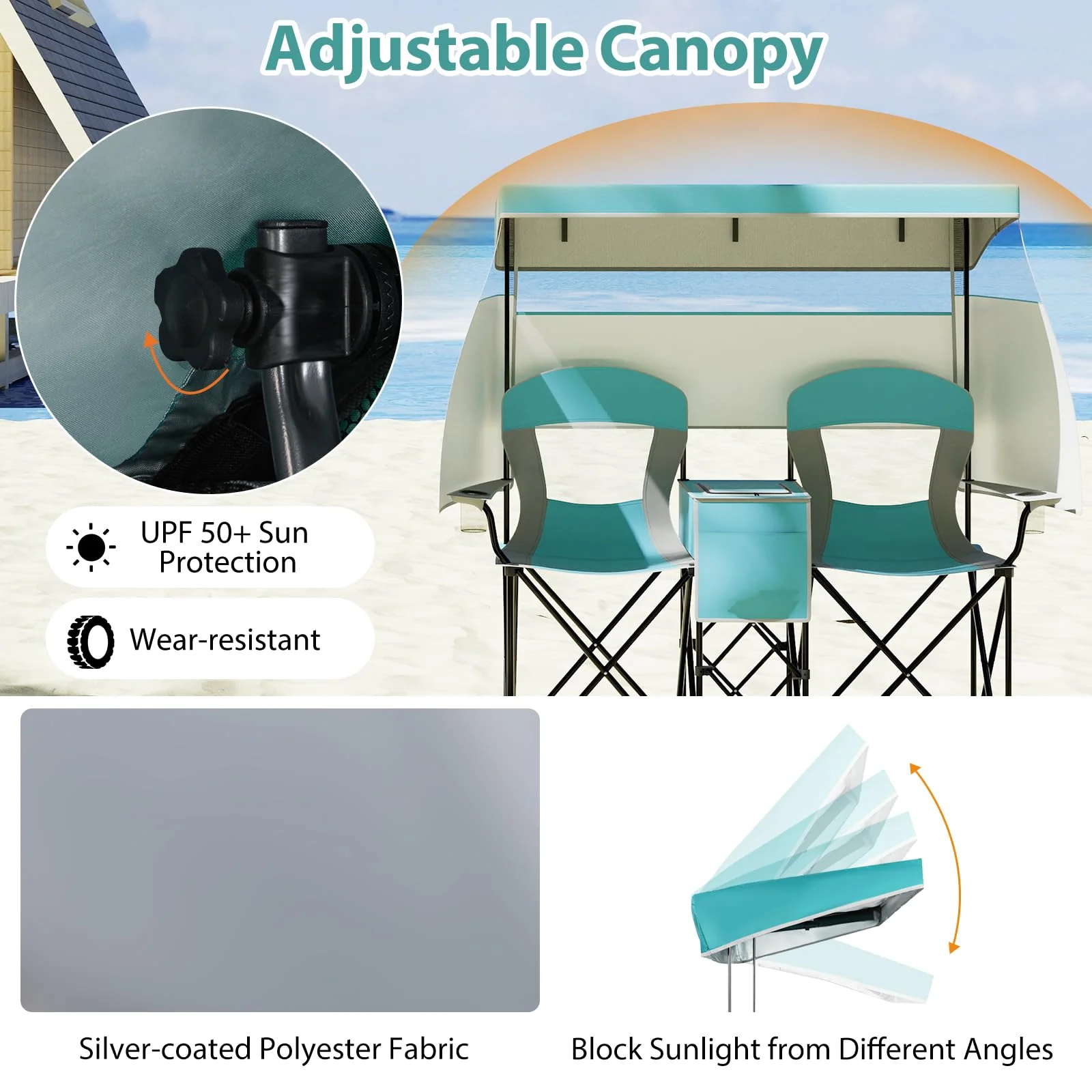 Goplus Double Beach Chair w/Roll-up Shade Cooler Bag Cup Holders Carrying Bag - Image 2