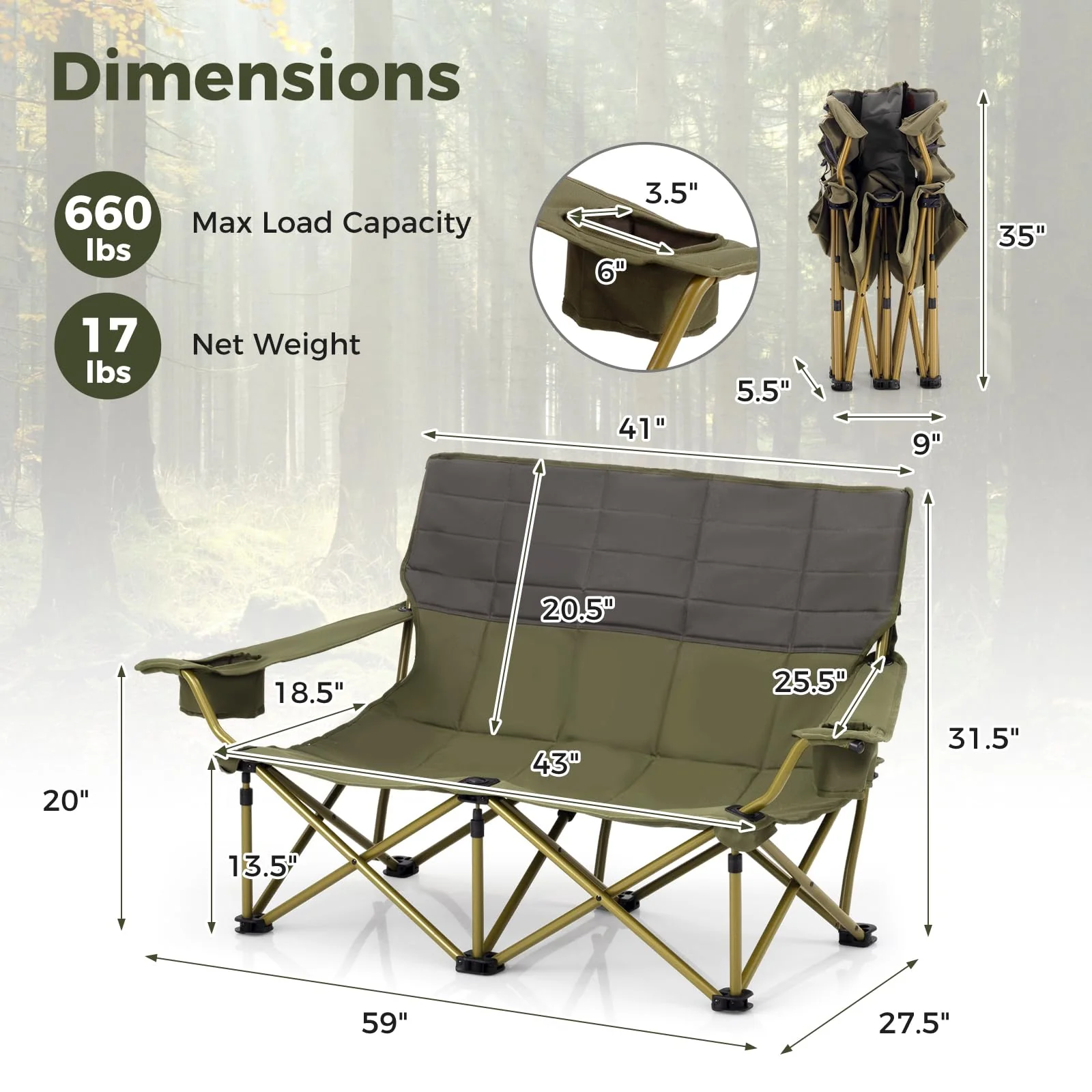 Goplus Double Camping Chair for Adults, Outdoor Folding Loveseat Camping Couch Chair(2-Person Seat) - Image 3
