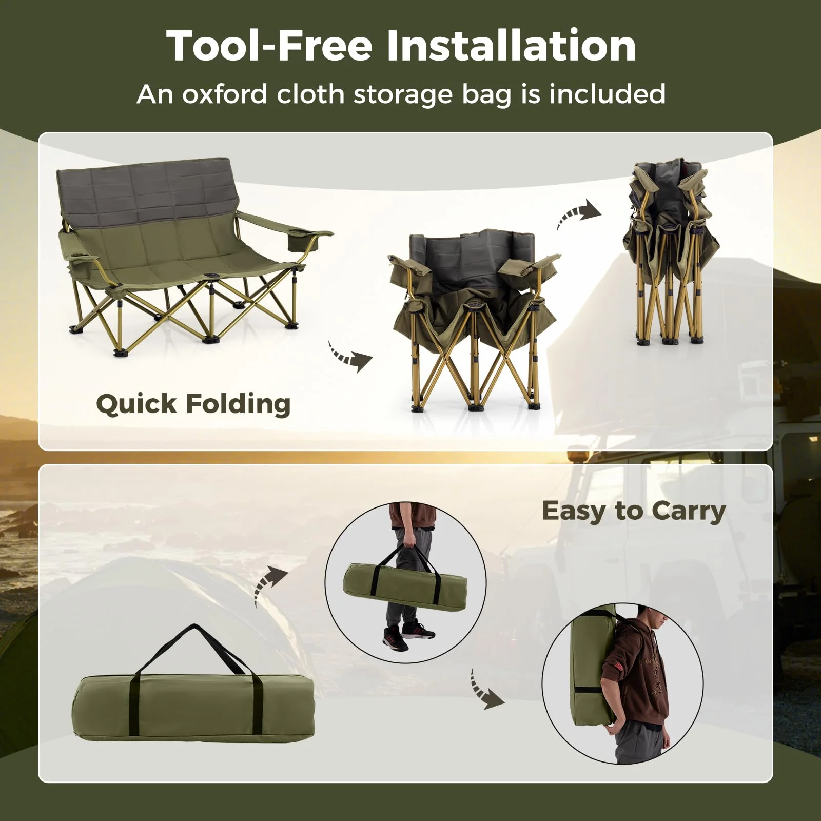 Goplus Double Camping Chair for Adults, Outdoor Folding Loveseat Camping Couch Chair(2-Person Seat) - Image 7