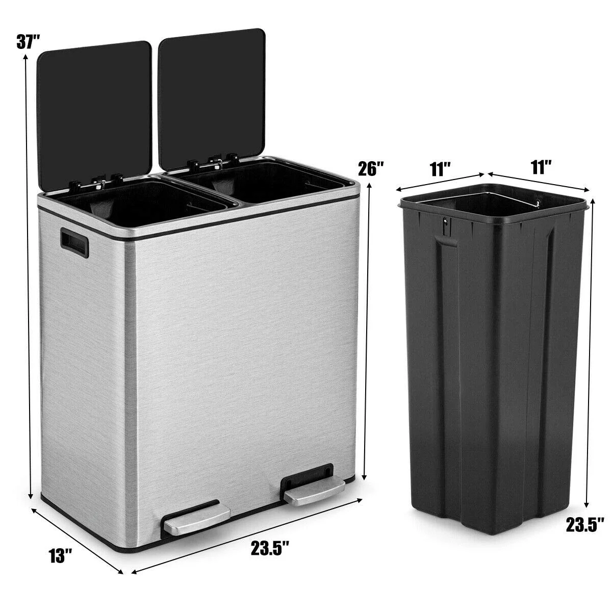 Goplus Dual Trash Can, 60 Liter (2x30L)/ 16 Gallon Stainless Steel Step Trash Can - Image 3