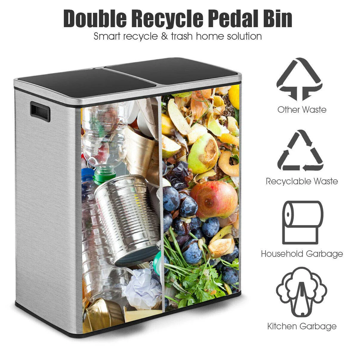 Goplus Dual Trash Can, 60 Liter (2x30L)/ 16 Gallon Stainless Steel Step Trash Can - Image 5