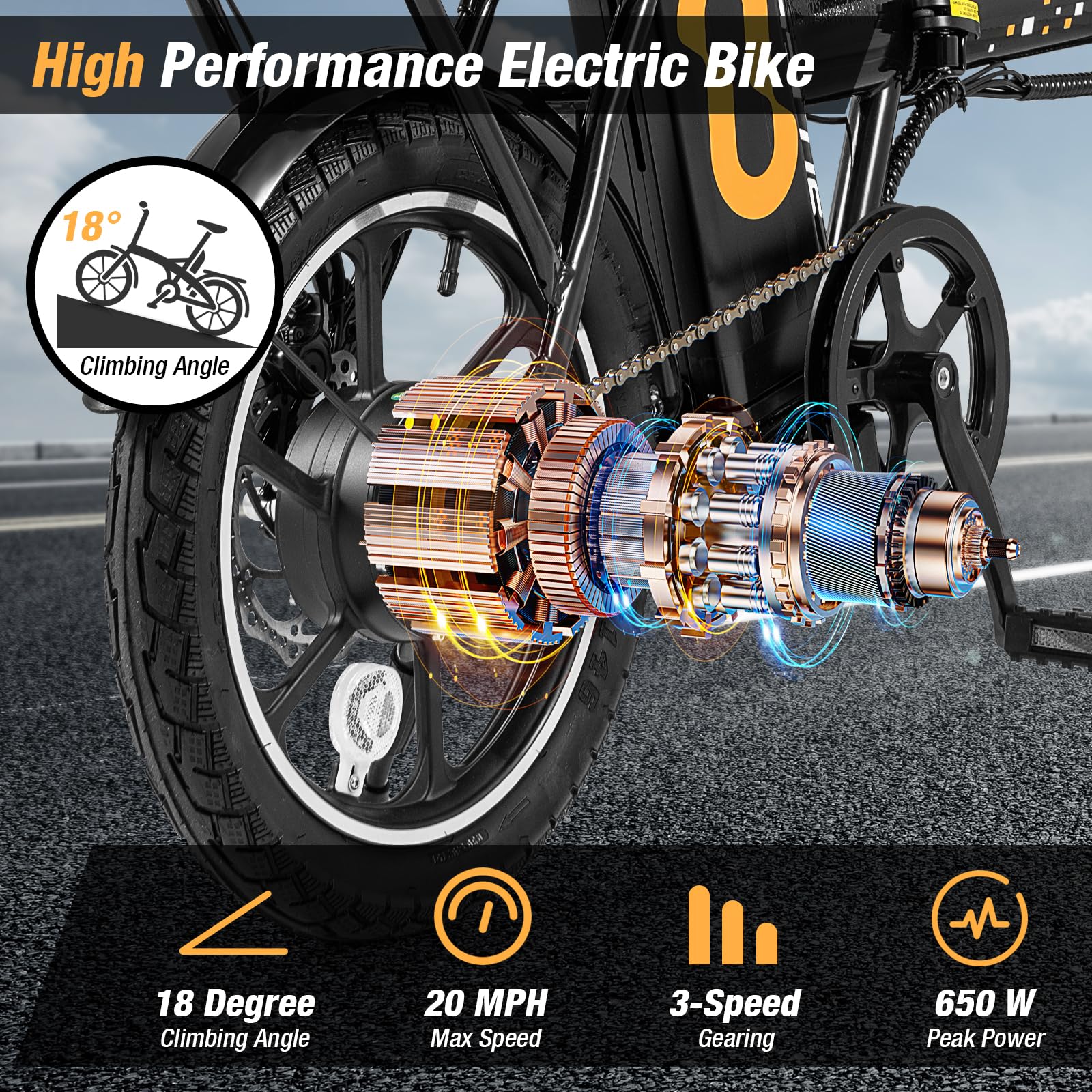 Goplus Electric Bike for Adults, 16" Folding Ebike w/Pedals, 650W Brushless Motor, 42V 10.4Ah Removable Battery - Image 3
