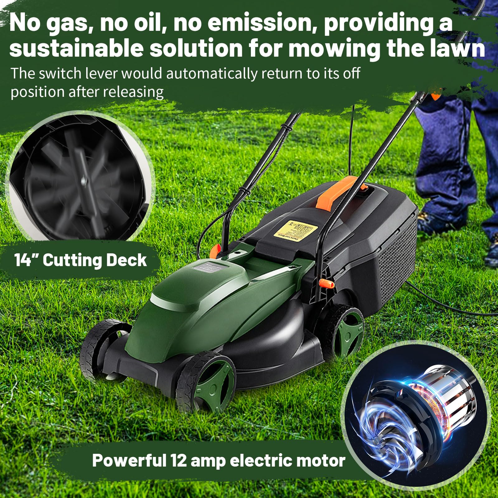 Goplus Electric Lawn Mower, 2-in-1 Versatile Corded Lawn Mower, 12 AMP Motor, 14" Cutting Deck - Image 3