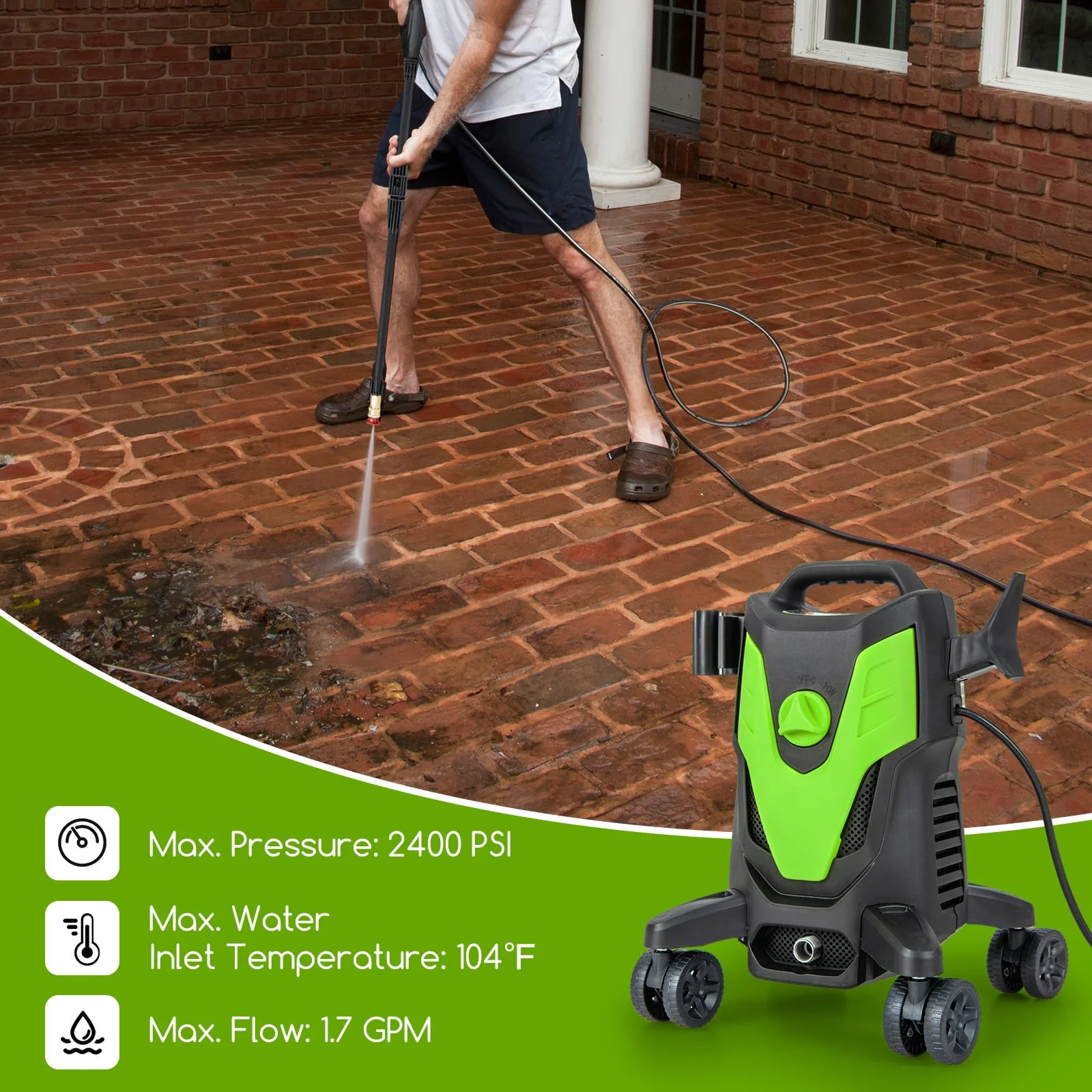 Goplus Electric Pressure Washer, 2400 PSI 1.7 GPM High Pressure Power Washer w/4 Quick Nozzles & Universal Wheels - Image 4