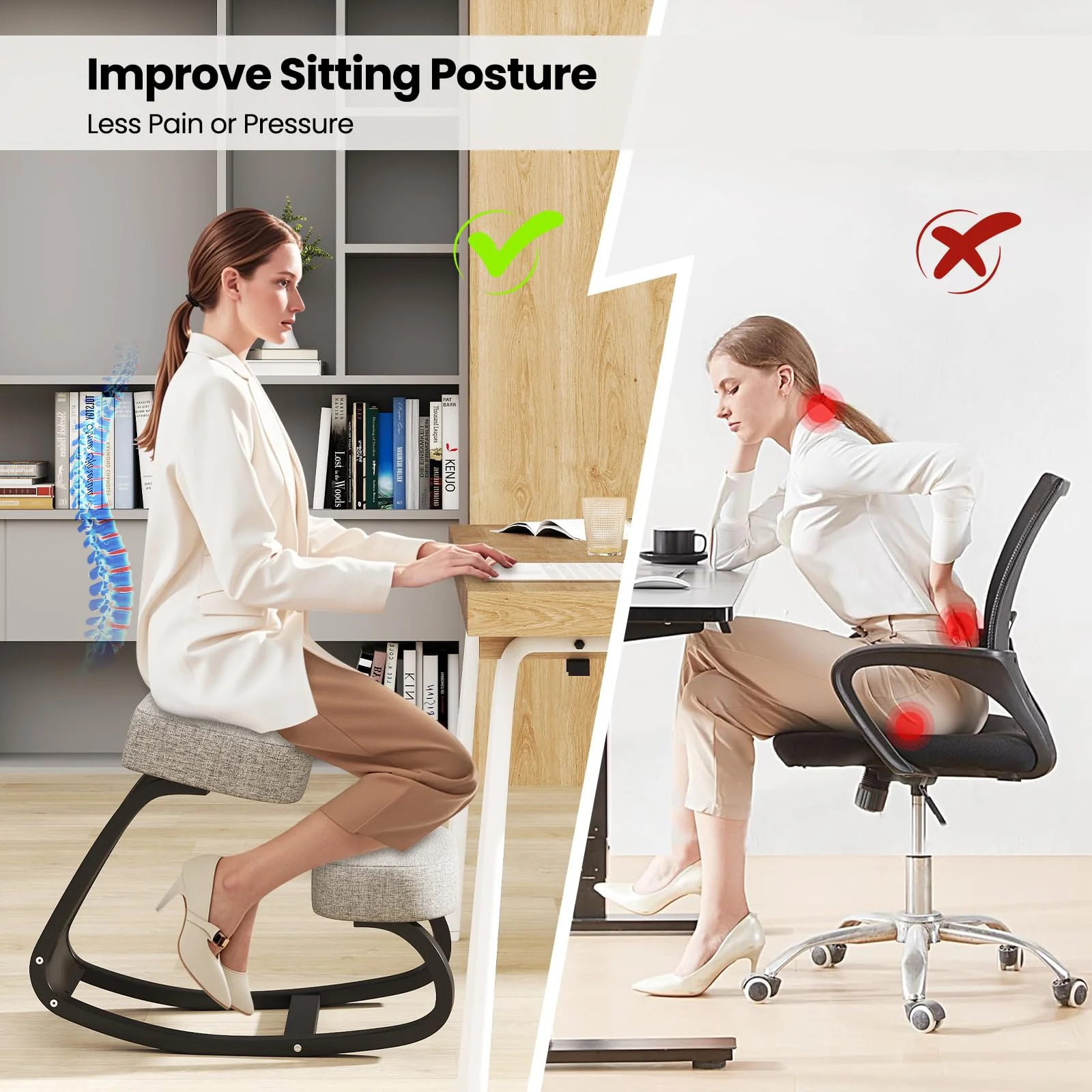 Goplus Ergonomic Kneeling Chair, Rocking Upright Posture Chair with Soft Seat & Knee Pads, Gray and Black - Image 4