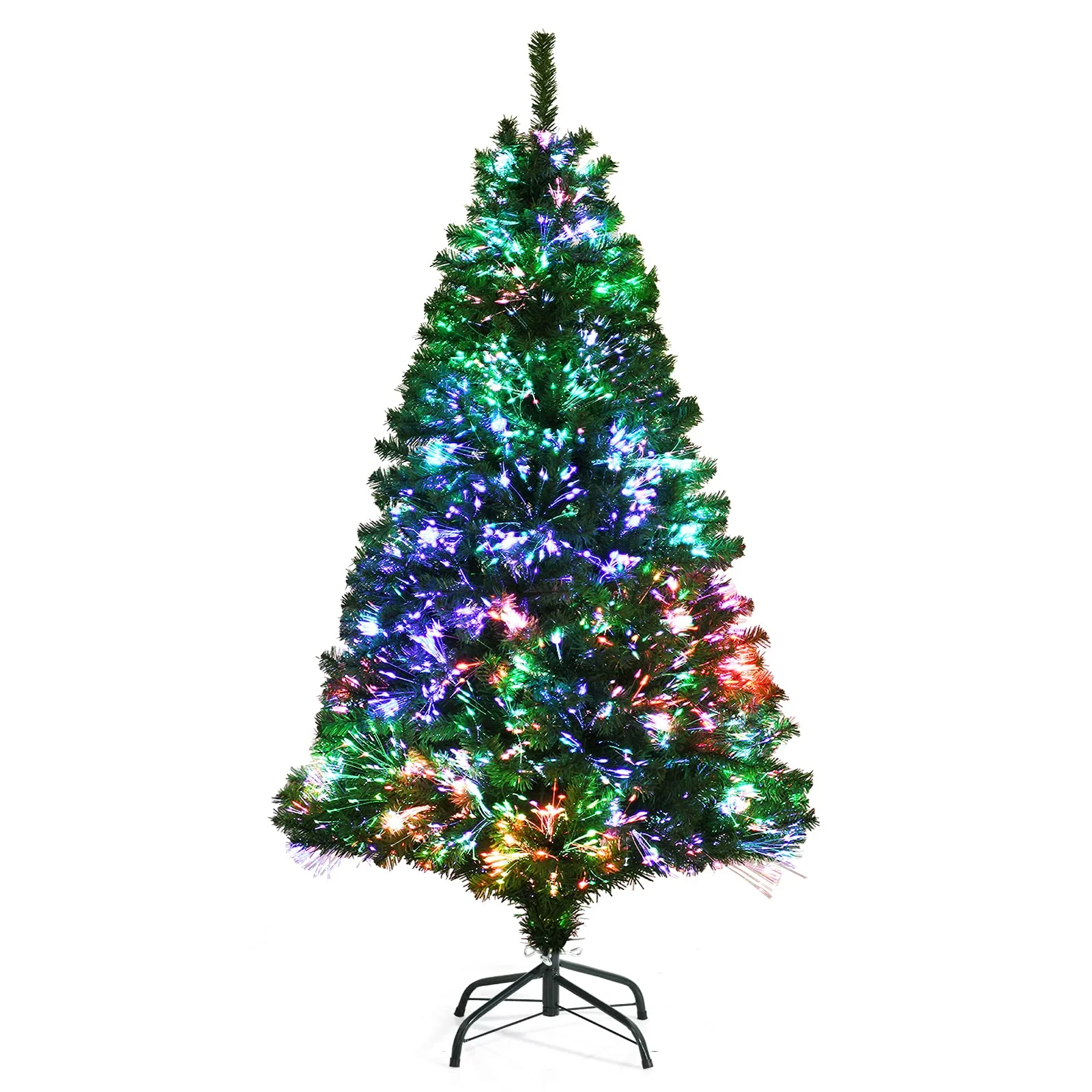 Goplus Fiber Optic Artificial Christmas Tree, Pre-lit Premium Spruce Tree with Solid Metal Stand