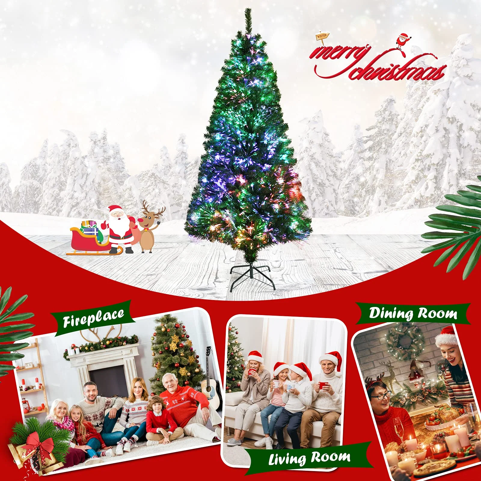 Goplus Fiber Optic Artificial Christmas Tree, Pre-lit Premium Spruce Tree with Solid Metal Stand - Image 3