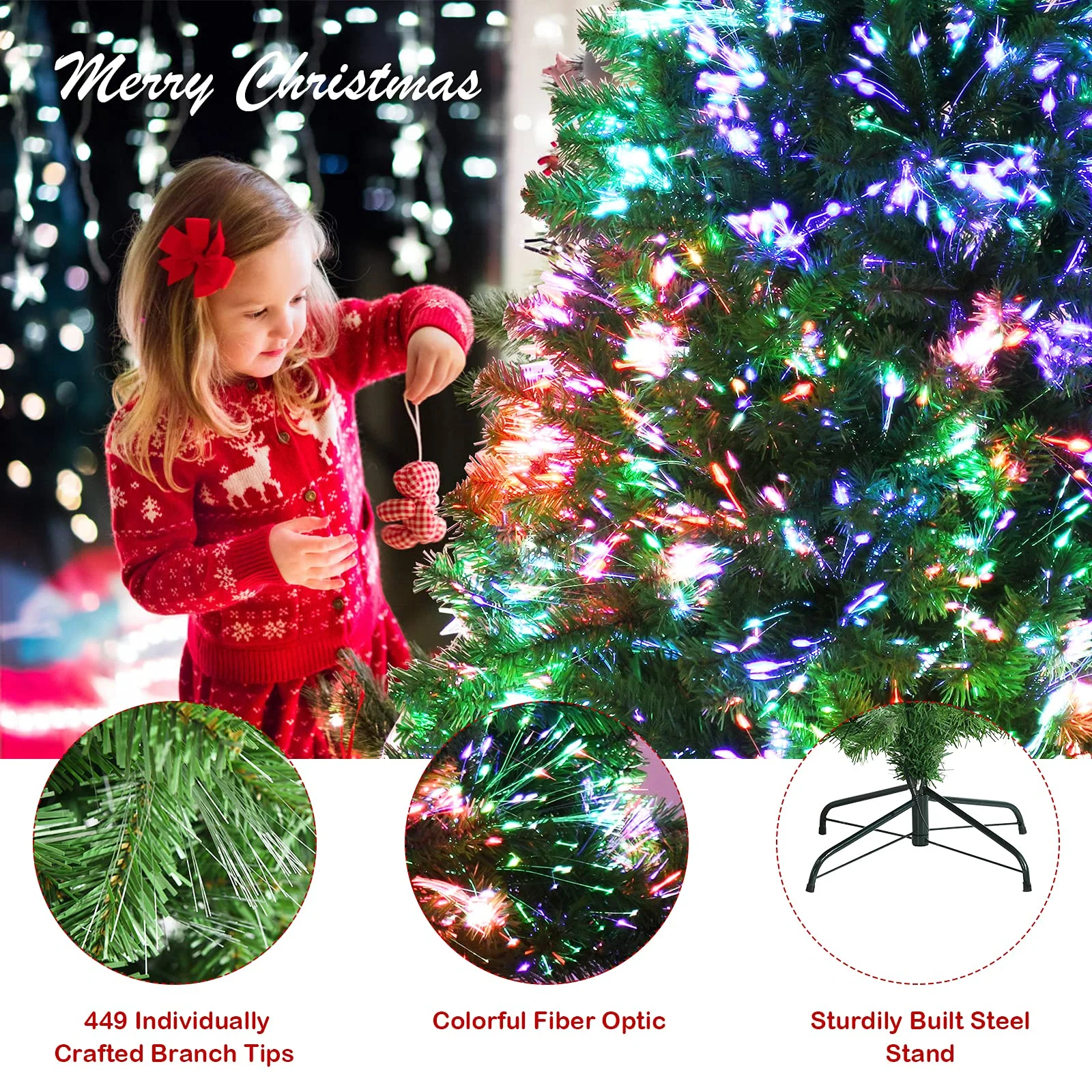 Goplus Fiber Optic Artificial Christmas Tree, Pre-lit Premium Spruce Tree with Solid Metal Stand - Image 4