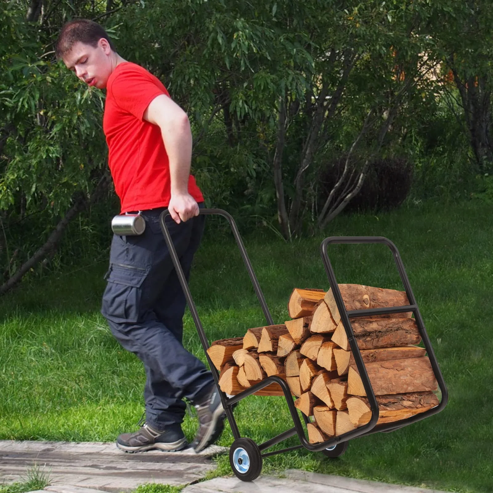 Goplus Firewood Log Cart Carrier, Indoor and Outdoor Wood Rack Storage Mover with Anti-Slip and Wear-Resistant Wheels - Image 2