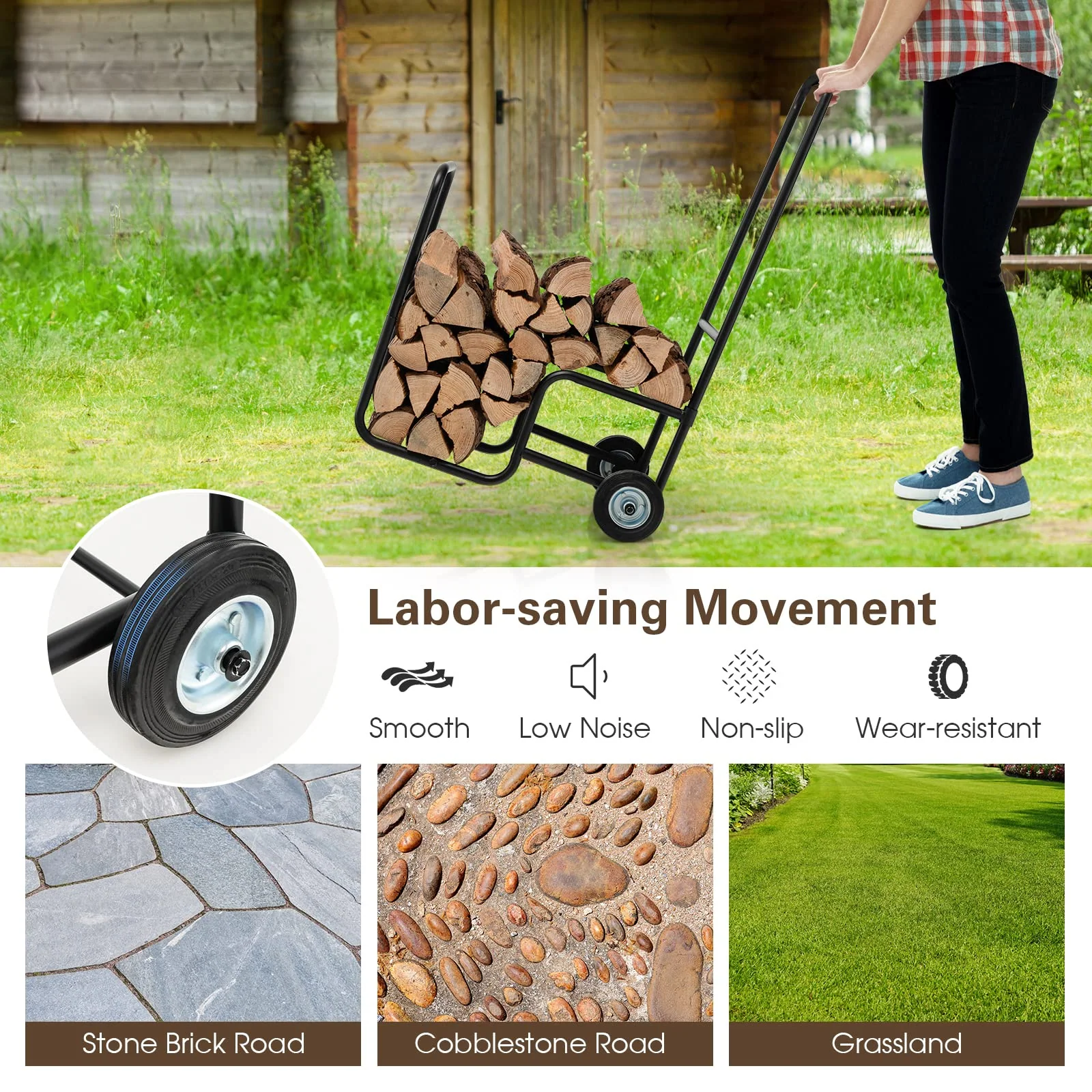 Goplus Firewood Log Cart Carrier, Indoor and Outdoor Wood Rack Storage Mover with Anti-Slip and Wear-Resistant Wheels - Image 3