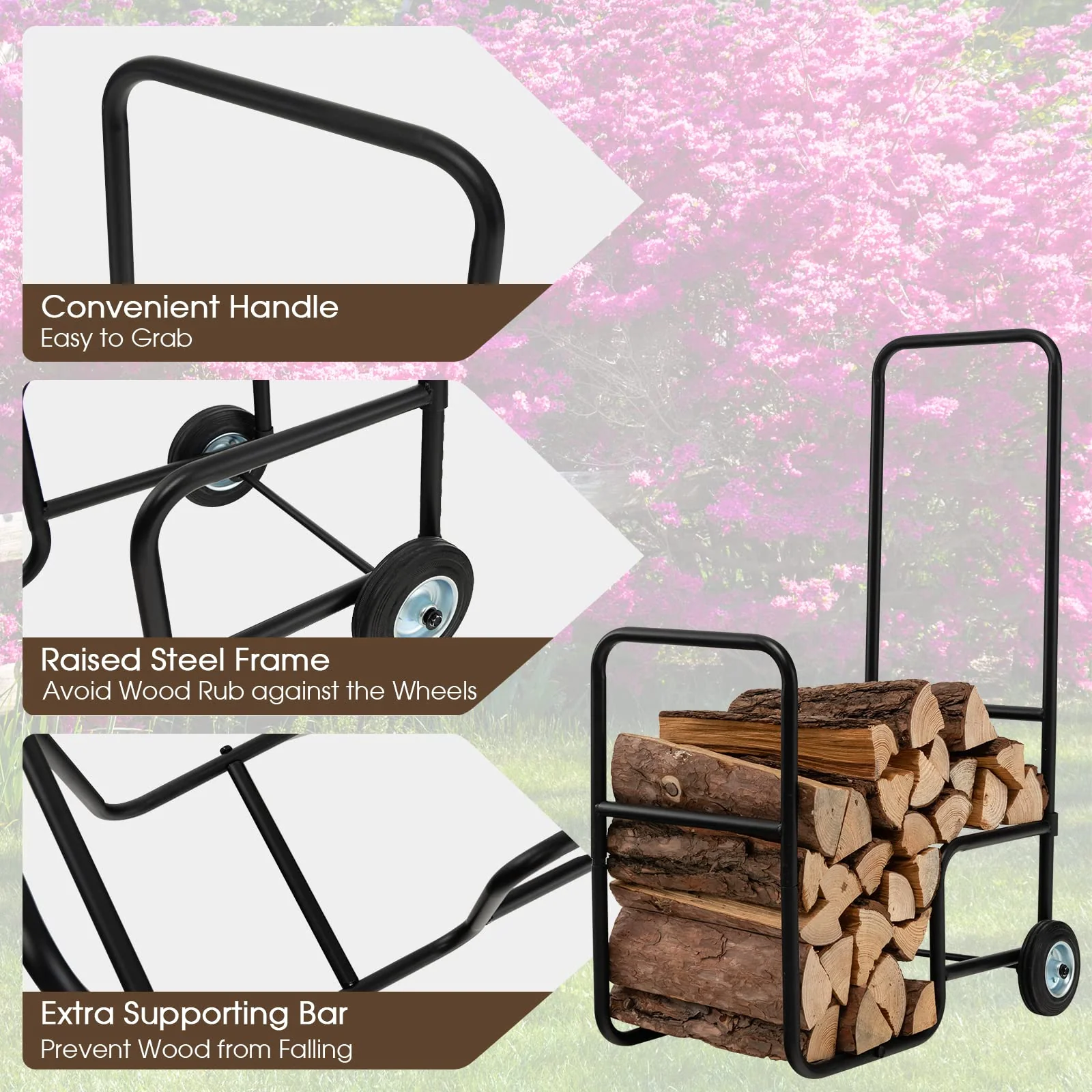Goplus Firewood Log Cart Carrier, Indoor and Outdoor Wood Rack Storage Mover with Anti-Slip and Wear-Resistant Wheels - Image 5