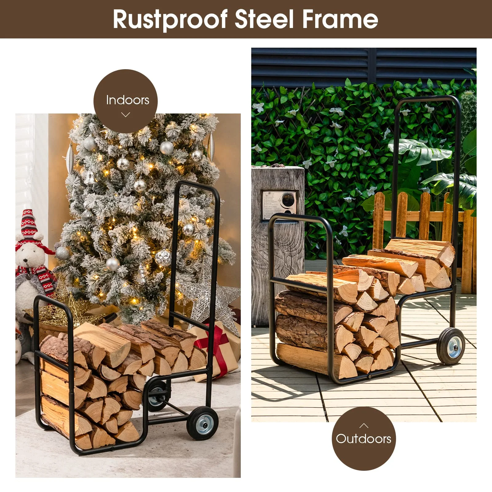 Goplus Firewood Log Cart Carrier, Indoor and Outdoor Wood Rack Storage Mover with Anti-Slip and Wear-Resistant Wheels - Image 6