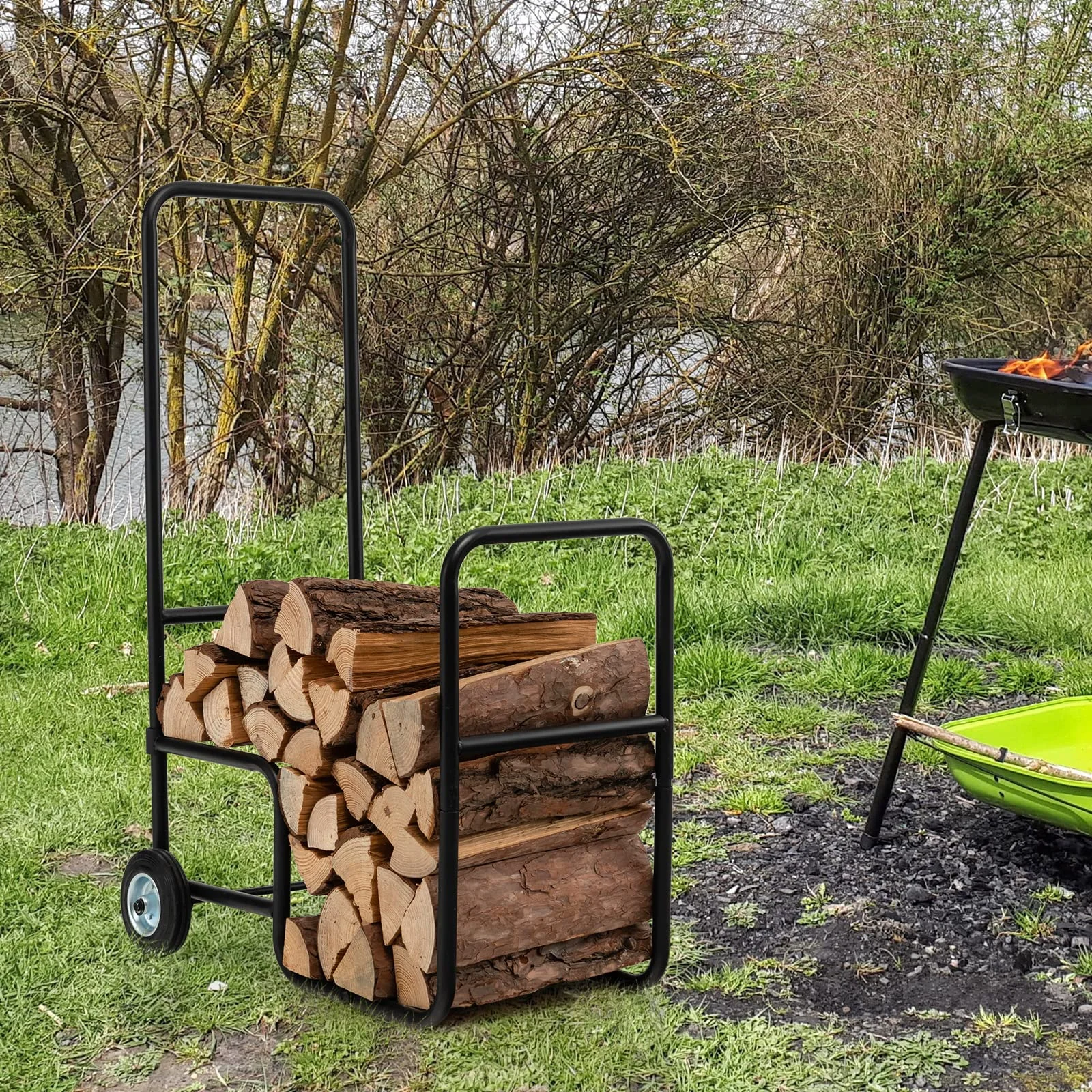 Goplus Firewood Log Cart Carrier, Indoor and Outdoor Wood Rack Storage Mover with Anti-Slip and Wear-Resistant Wheels - Image 7