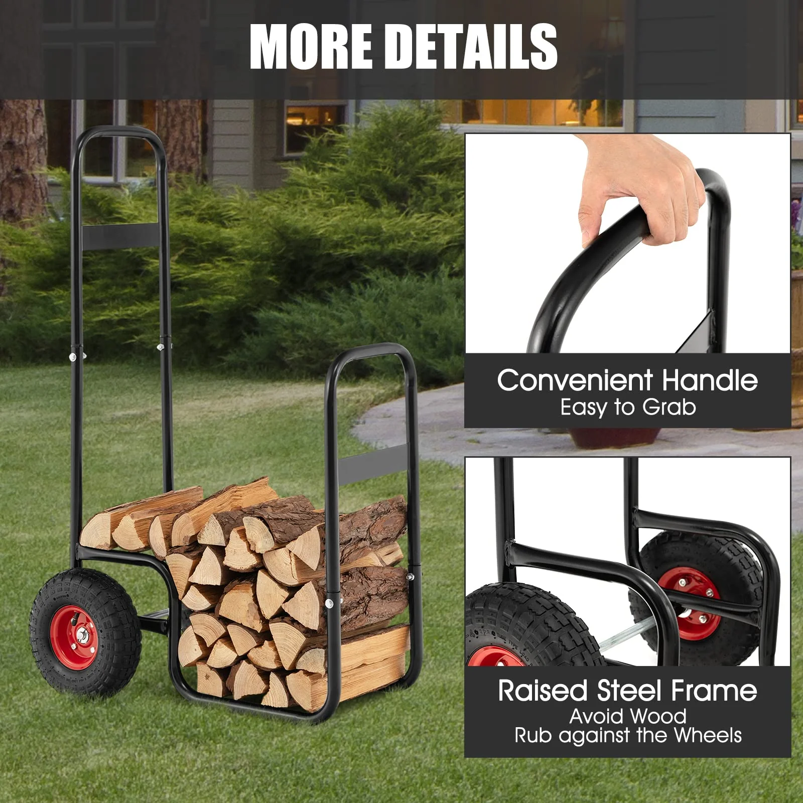 Goplus Firewood Log Cart, Outdoor Indoor Firewood Rack Storage Mover with Wear-Resistant Rubber Wheels - Image 4