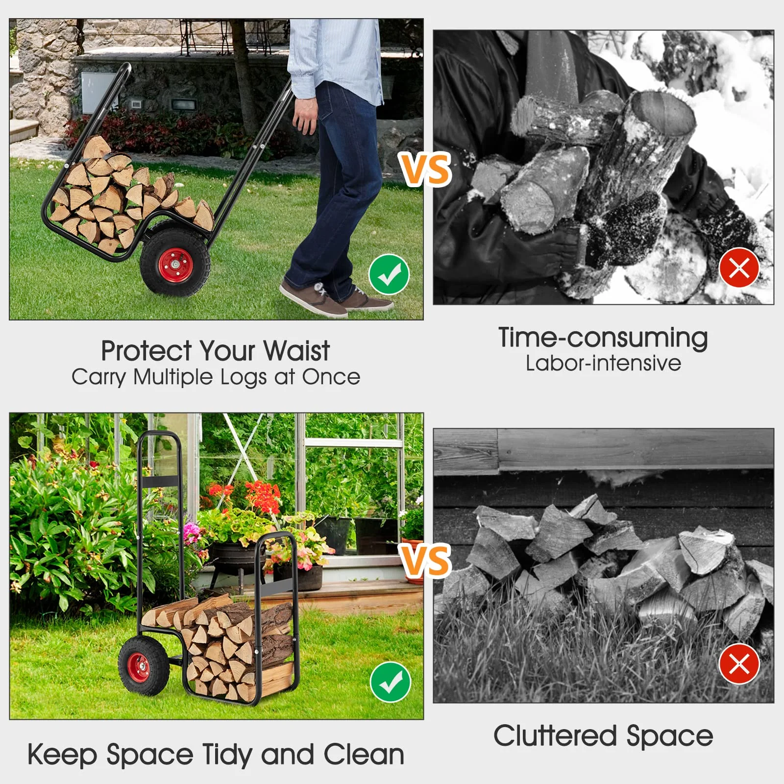Goplus Firewood Log Cart, Outdoor Indoor Firewood Rack Storage Mover with Wear-Resistant Rubber Wheels - Image 5