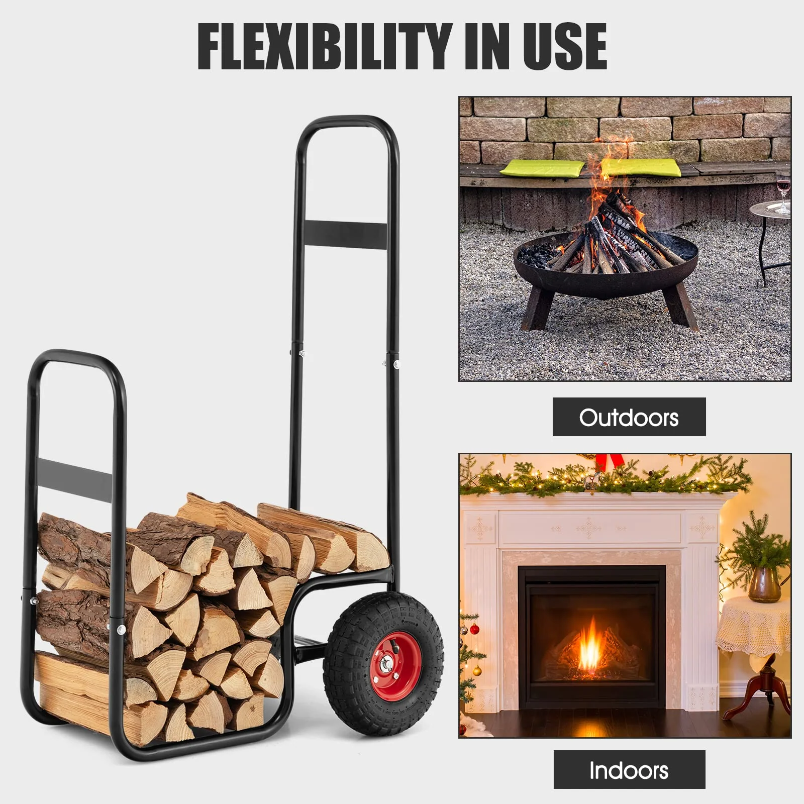 Goplus Firewood Log Cart, Outdoor Indoor Firewood Rack Storage Mover with Wear-Resistant Rubber Wheels - Image 6