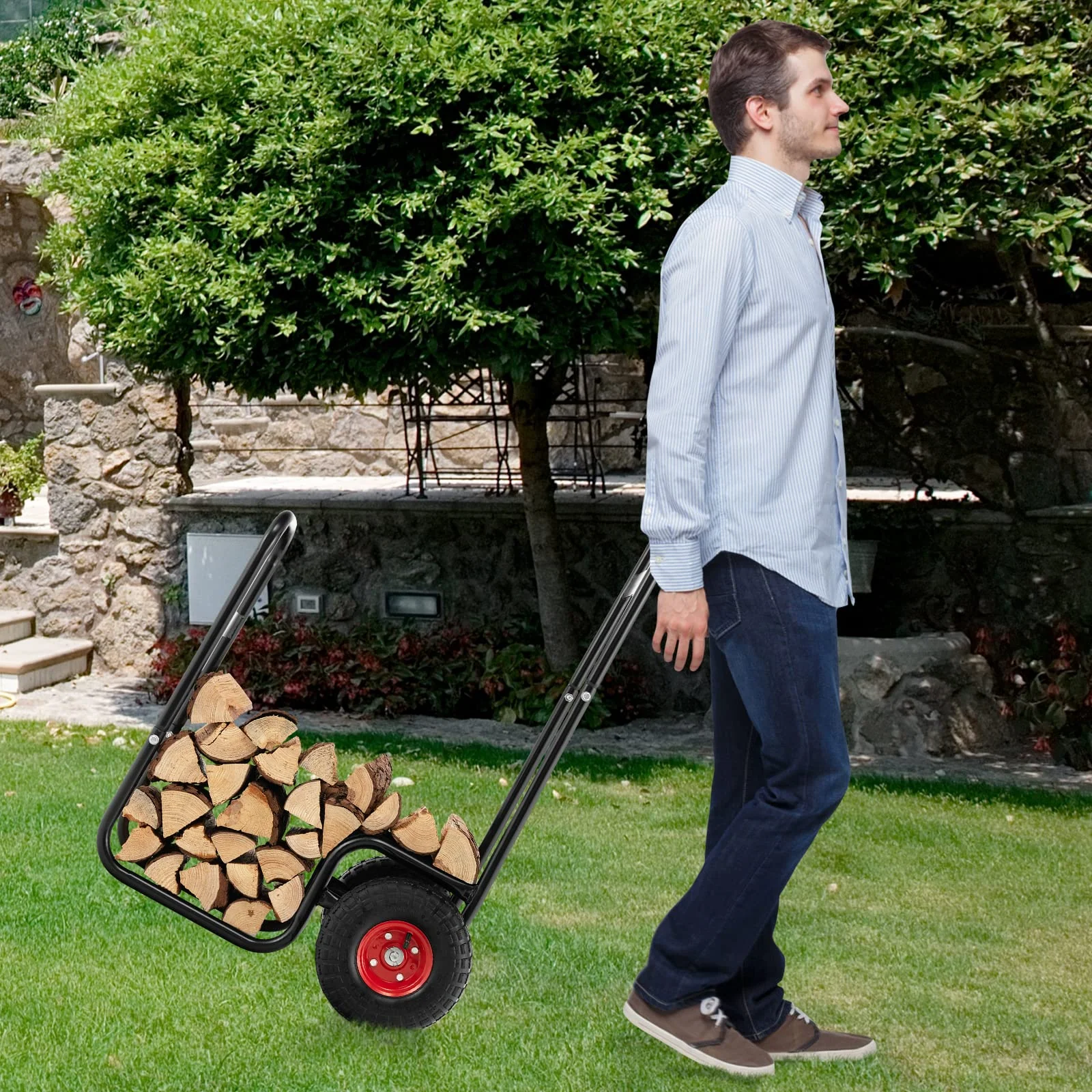 Goplus Firewood Log Cart, Outdoor Indoor Firewood Rack Storage Mover with Wear-Resistant Rubber Wheels - Image 8
