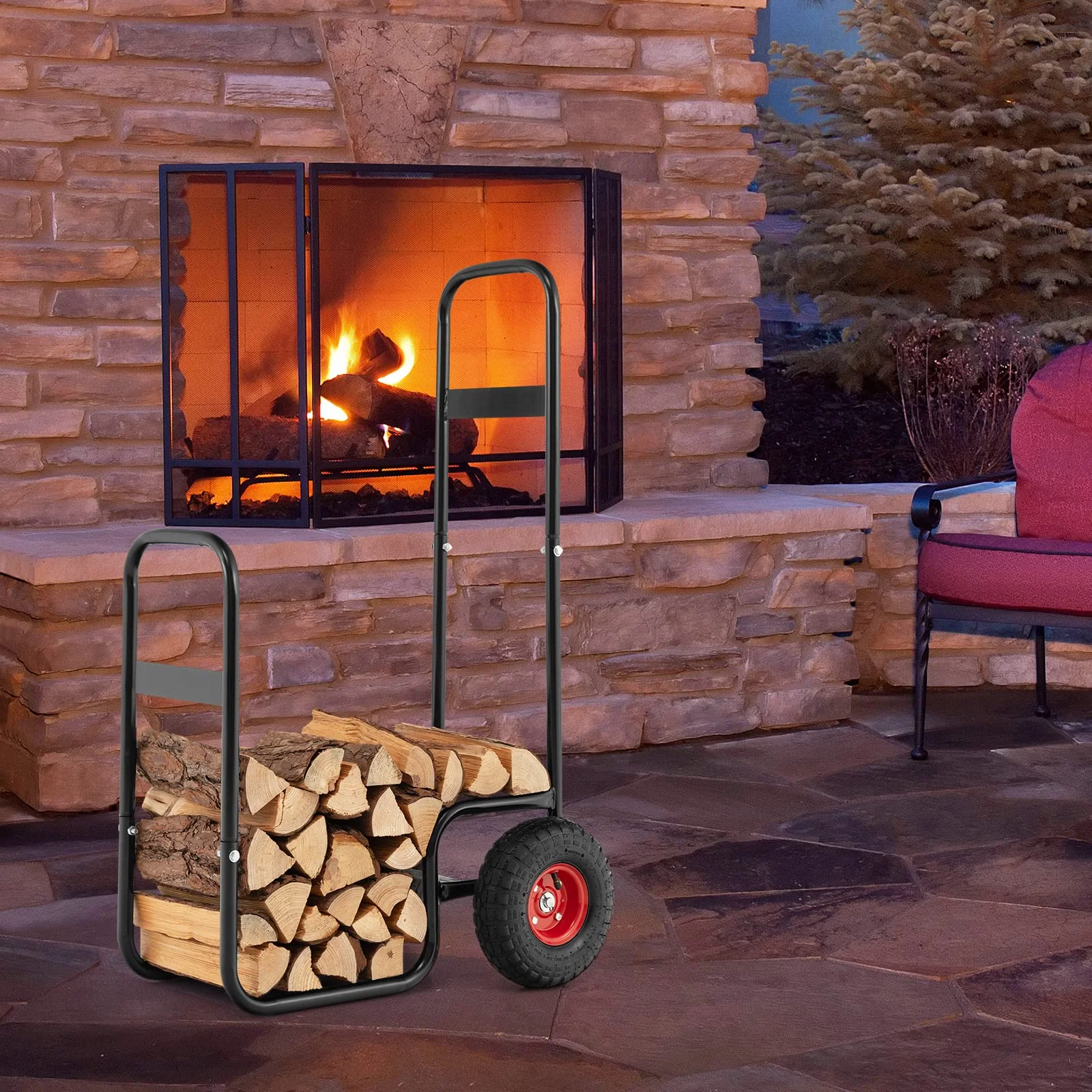 Goplus Firewood Log Cart, Outdoor Indoor Firewood Rack Storage Mover with Wear-Resistant Rubber Wheels - Image 9