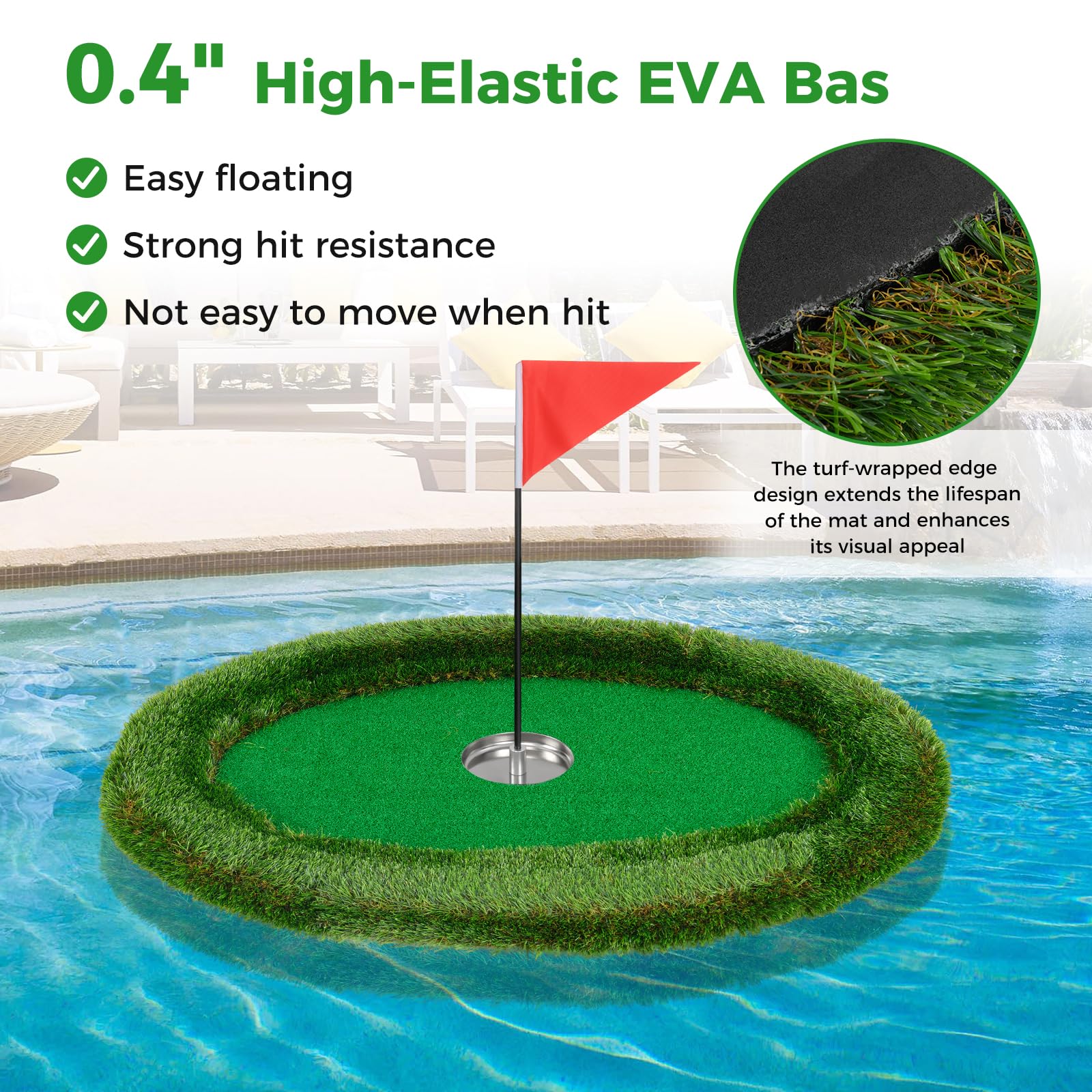 Goplus Floating Golf Green for Pool, Chipping Green Mat w/Hitting Mat, Golf Balls, Flag & Tee, Oval, 37.5" x 25.5" - Image 3