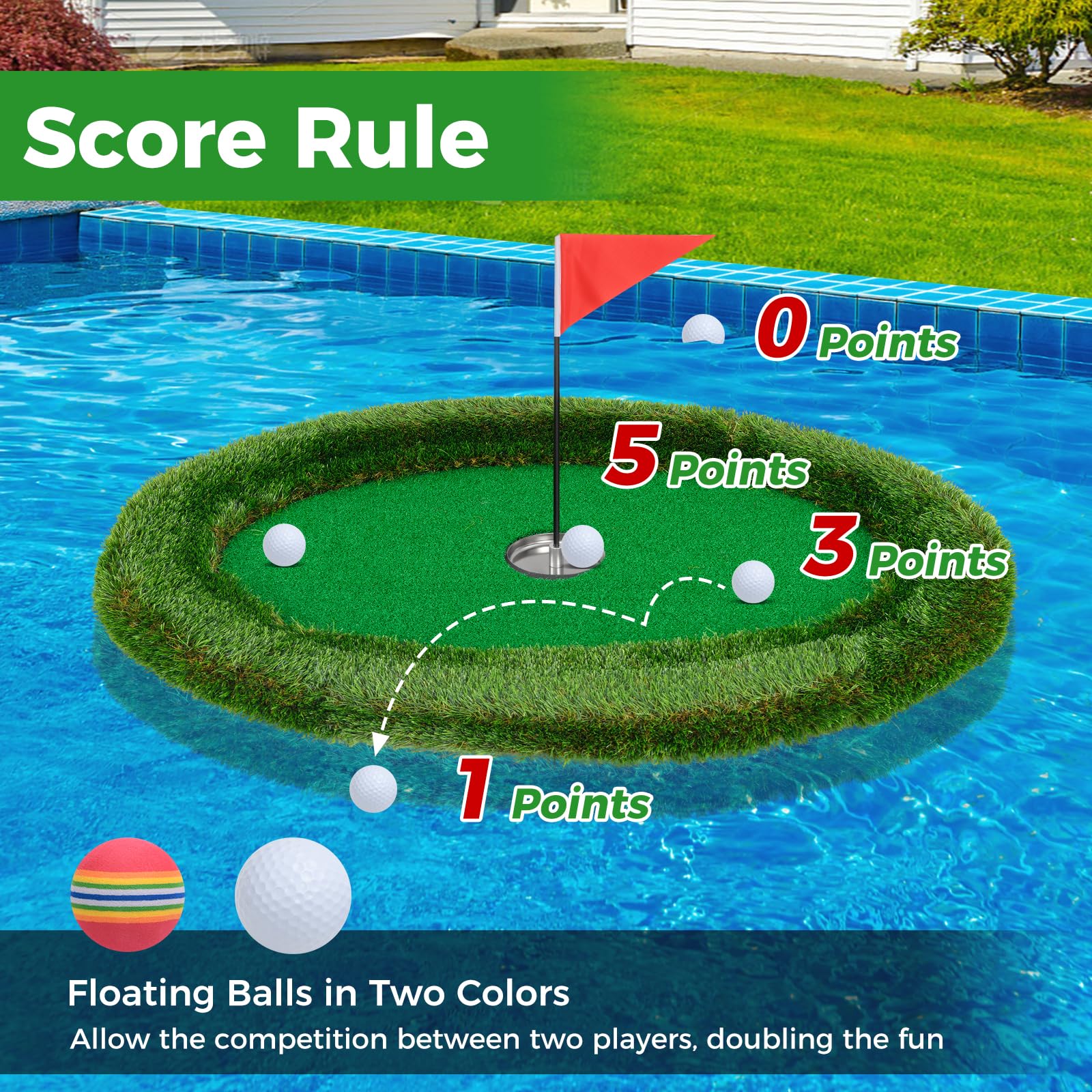 Goplus Floating Golf Green for Pool, Chipping Green Mat w/Hitting Mat, Golf Balls, Flag & Tee, Oval, 37.5" x 25.5" - Image 4