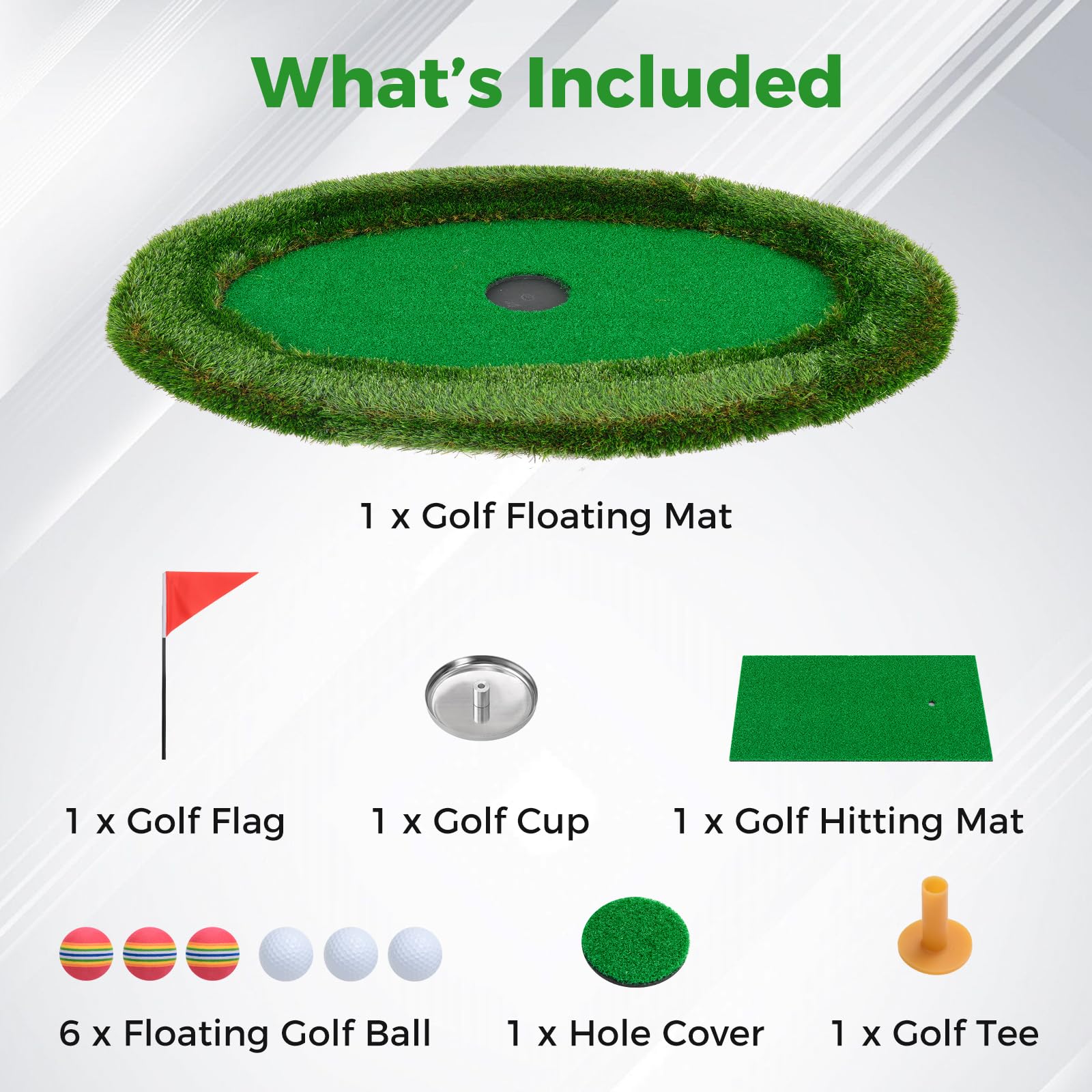 Goplus Floating Golf Green for Pool, Chipping Green Mat w/Hitting Mat, Golf Balls, Flag & Tee, Oval, 37.5" x 25.5" - Image 5
