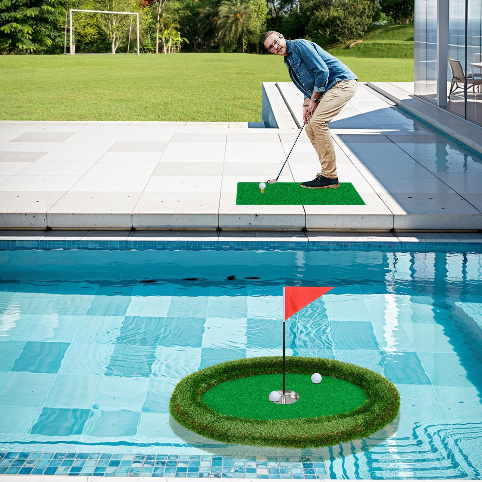 Goplus Floating Golf Green for Pool, Chipping Green Mat w/Hitting Mat, Golf Balls, Flag & Tee, Oval, 37.5" x 25.5" - Image 7