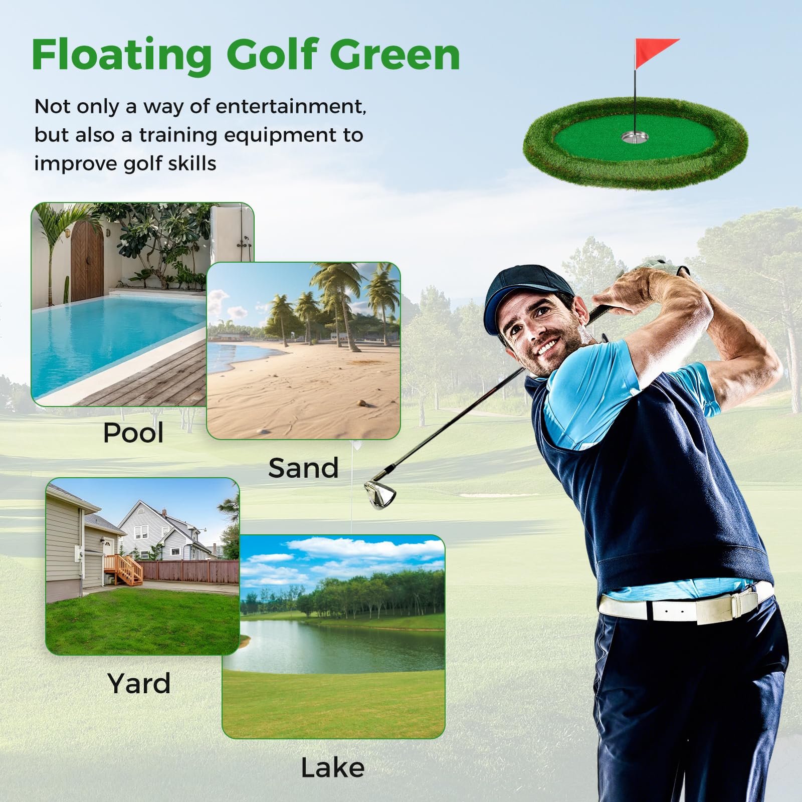 Goplus Floating Golf Green for Pool, Chipping Green Mat w/Hitting Mat, Golf Balls, Flag & Tee, Oval, 37.5" x 25.5" - Image 8