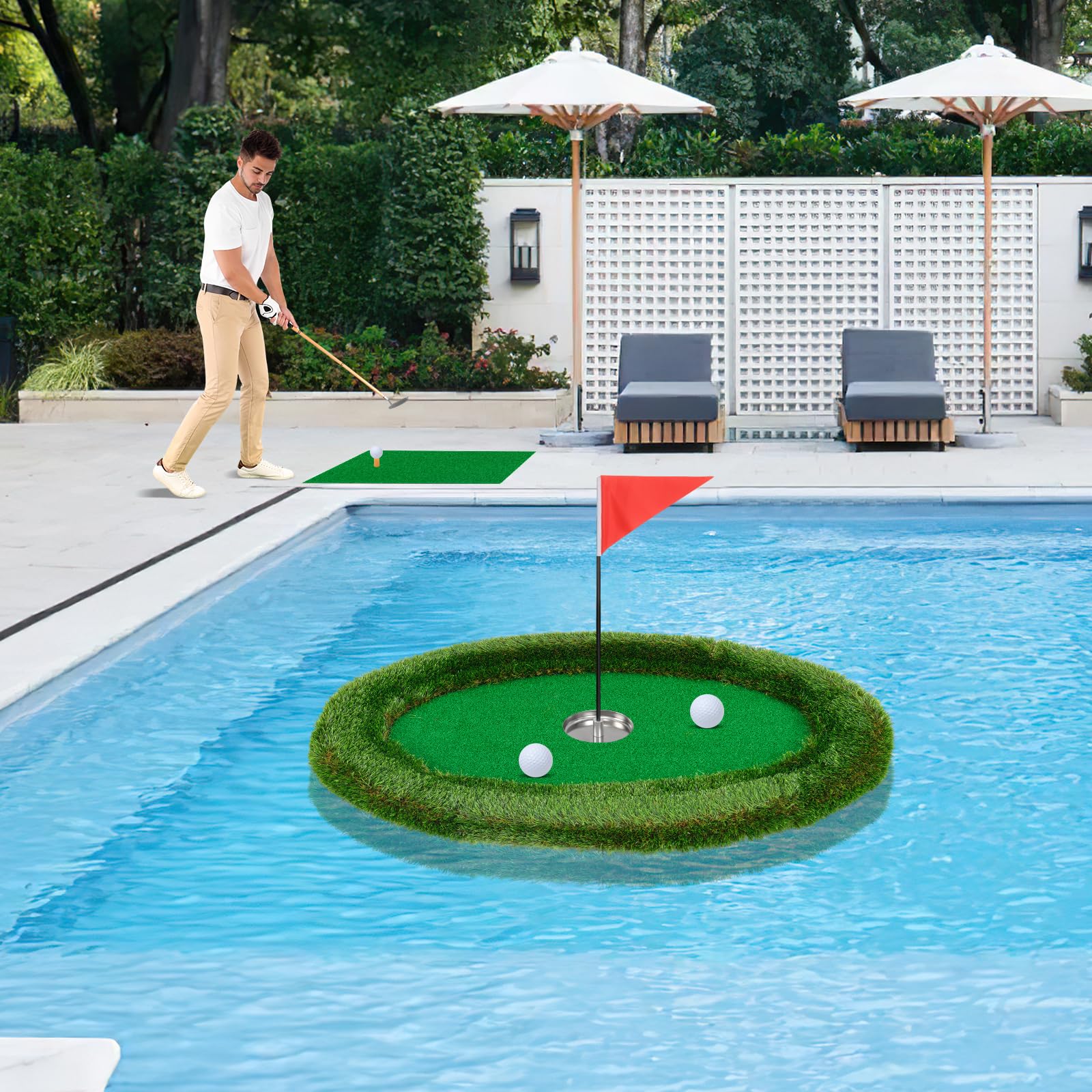 Goplus Floating Golf Green for Pool, Chipping Green Mat w/Hitting Mat, Golf Balls, Flag & Tee, Oval, 37.5" x 25.5" - Image 9