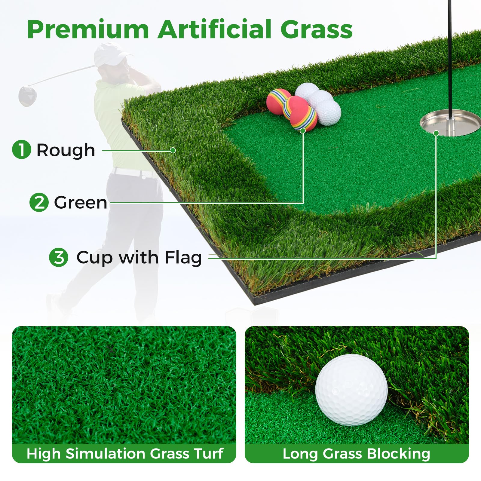 Goplus Floating Golf Green for Pool, Chipping Green Mat w/Hitting Mat, Golf Balls, Flag & Tee, Rectangle, 35.5" x 23.5" - Image 2