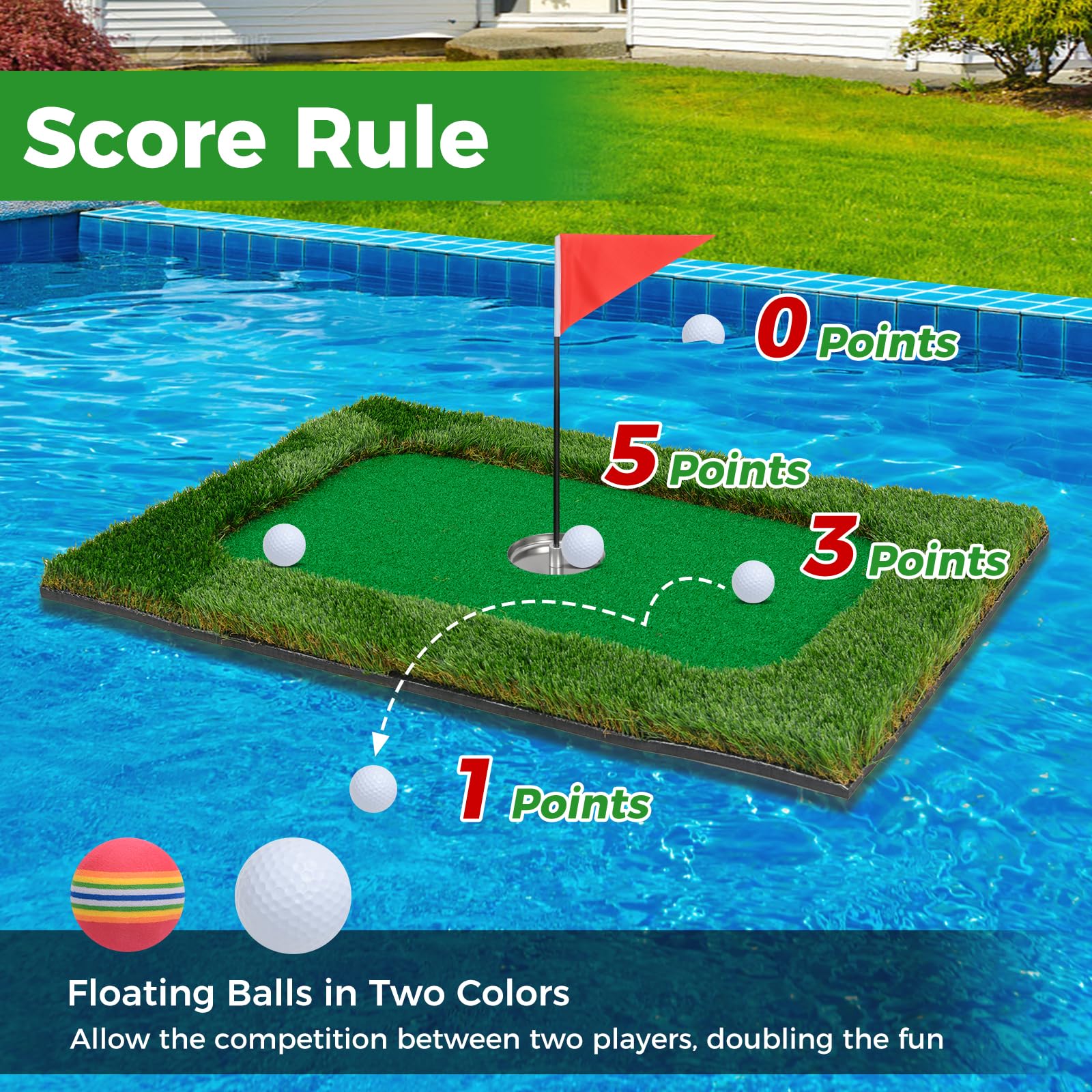 Goplus Floating Golf Green for Pool, Chipping Green Mat w/Hitting Mat, Golf Balls, Flag & Tee, Rectangle, 35.5" x 23.5" - Image 4