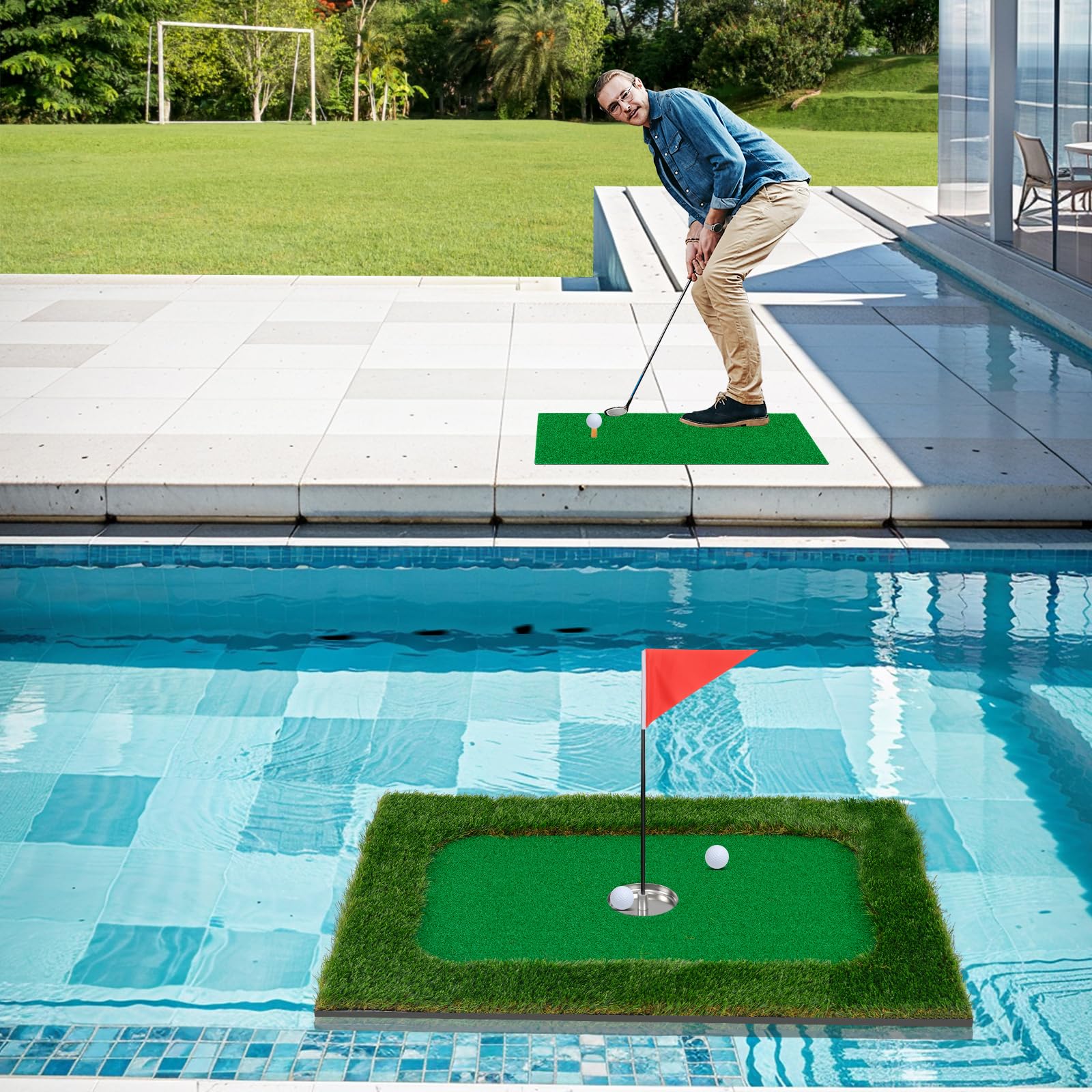 Goplus Floating Golf Green for Pool, Chipping Green Mat w/Hitting Mat, Golf Balls, Flag & Tee, Rectangle, 35.5" x 23.5" - Image 7