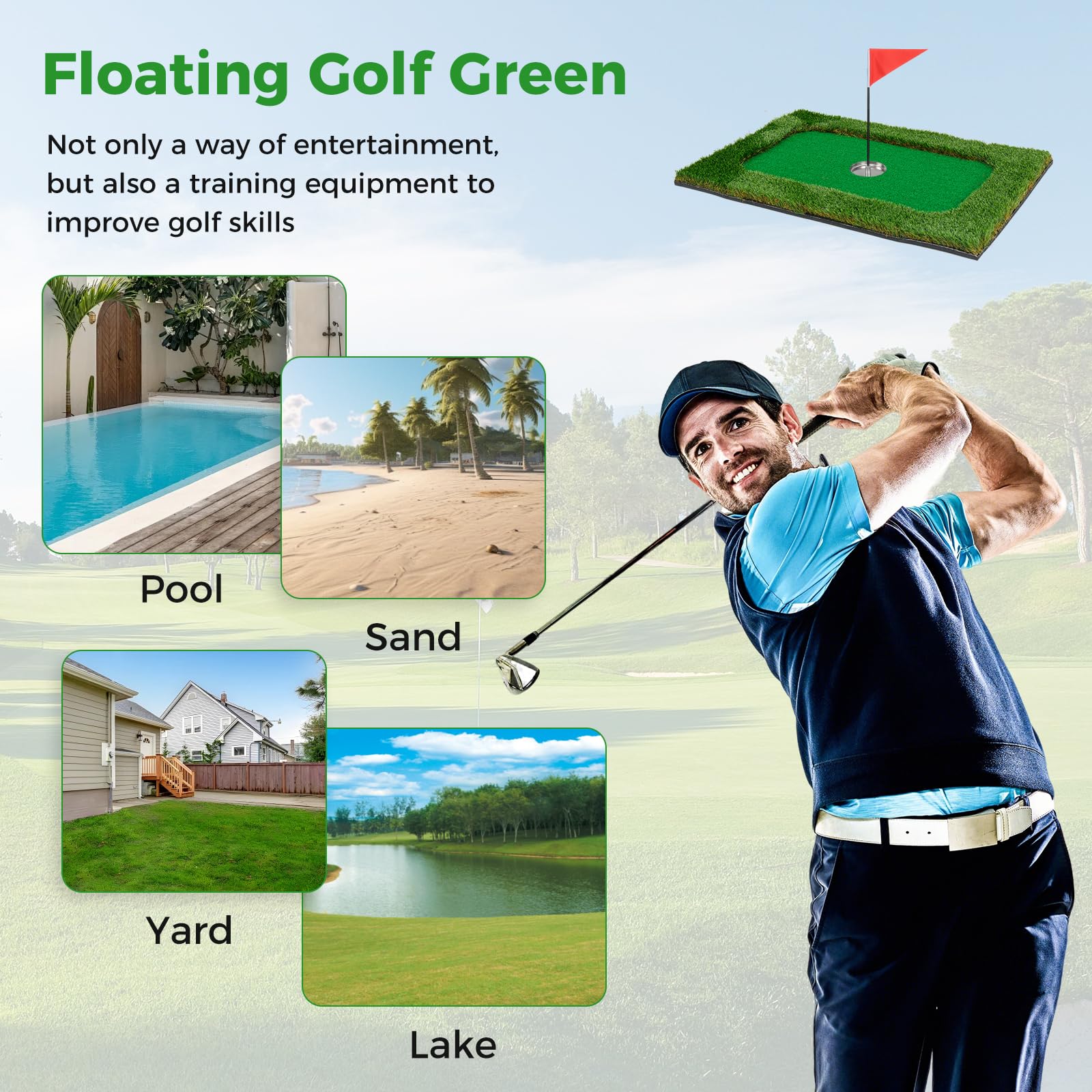 Goplus Floating Golf Green for Pool, Chipping Green Mat w/Hitting Mat, Golf Balls, Flag & Tee, Rectangle, 35.5" x 23.5" - Image 8