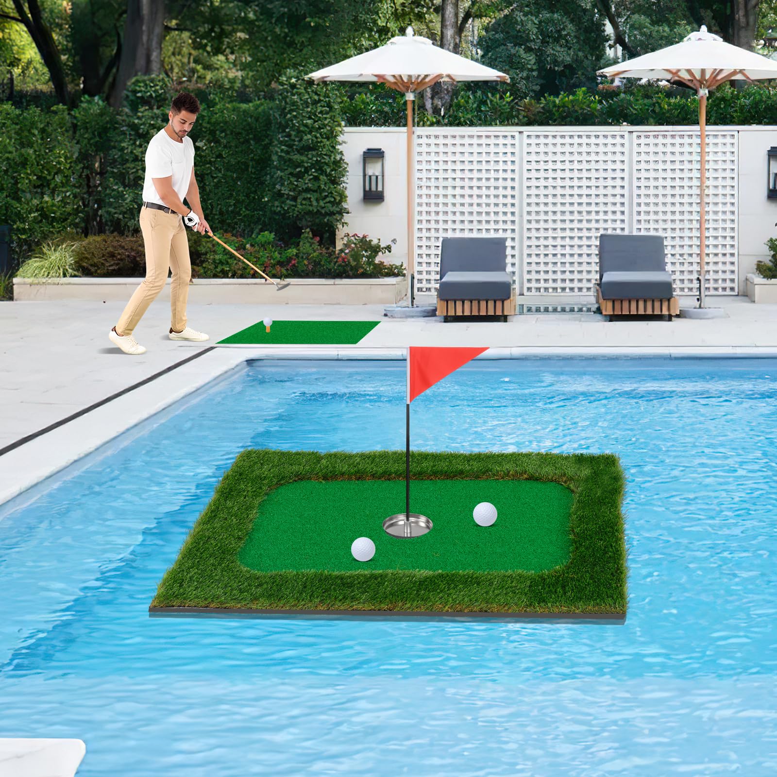 Goplus Floating Golf Green for Pool, Chipping Green Mat w/Hitting Mat, Golf Balls, Flag & Tee, Rectangle, 35.5" x 23.5" - Image 9
