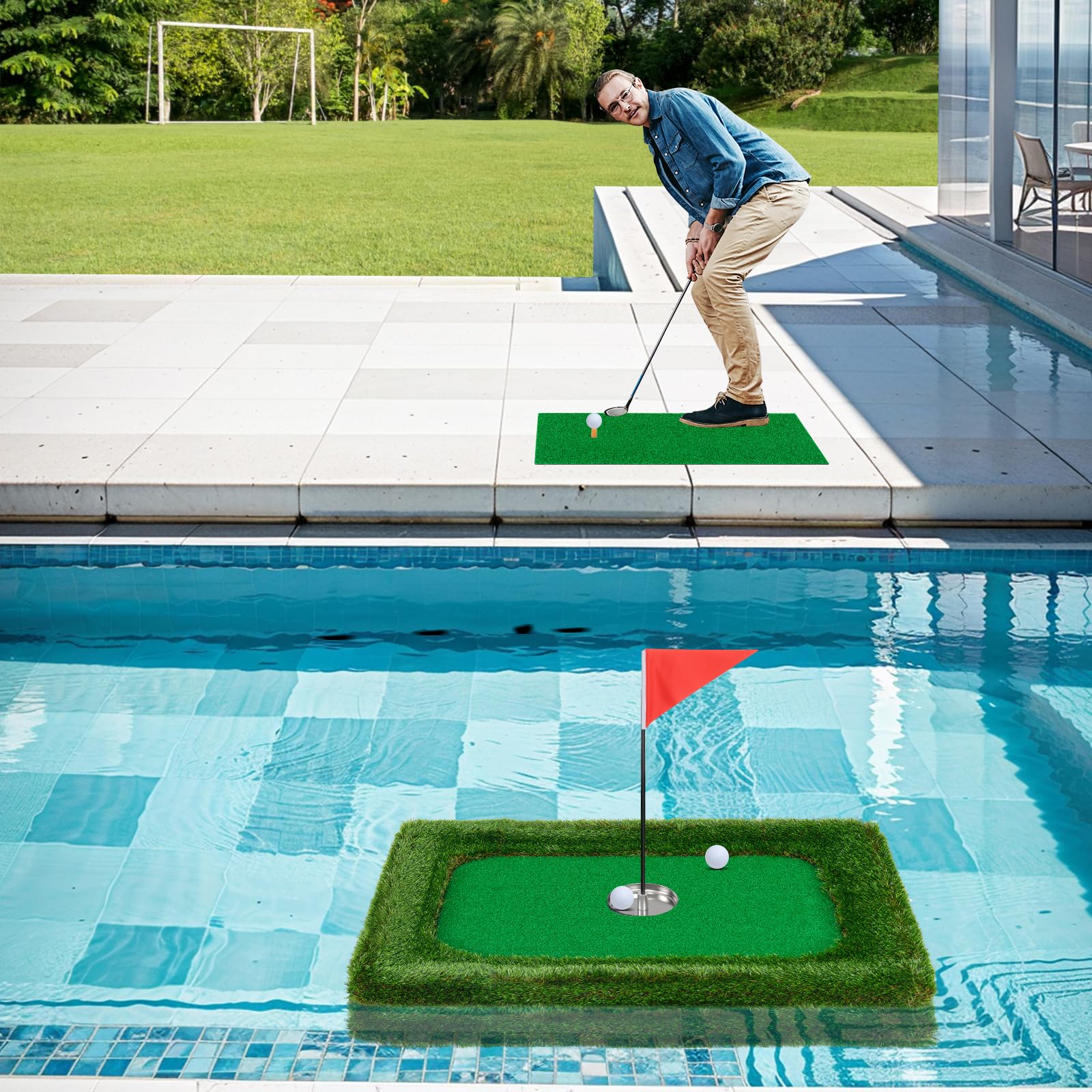 Goplus Floating Golf Green for Pool, Chipping Green Mat w/Hitting Mat, Golf Balls, Rectangle, 37.5" x 25.5" - Image 7