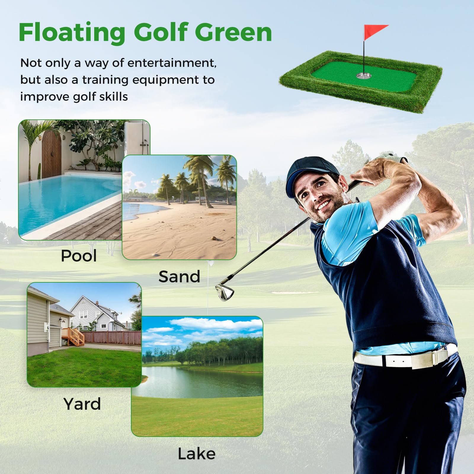 Goplus Floating Golf Green for Pool, Chipping Green Mat w/Hitting Mat, Golf Balls, Rectangle, 37.5" x 25.5" - Image 8