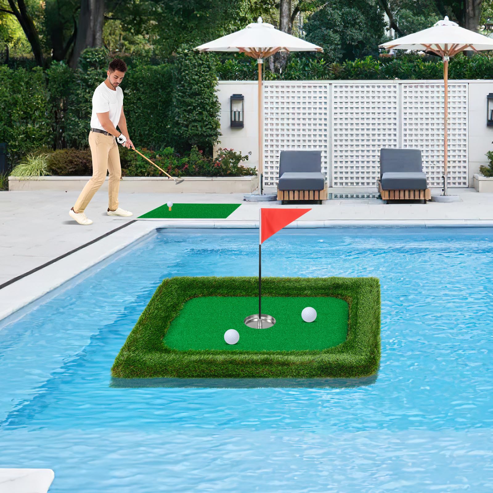 Goplus Floating Golf Green for Pool, Chipping Green Mat w/Hitting Mat, Golf Balls, Rectangle, 37.5" x 25.5" - Image 9