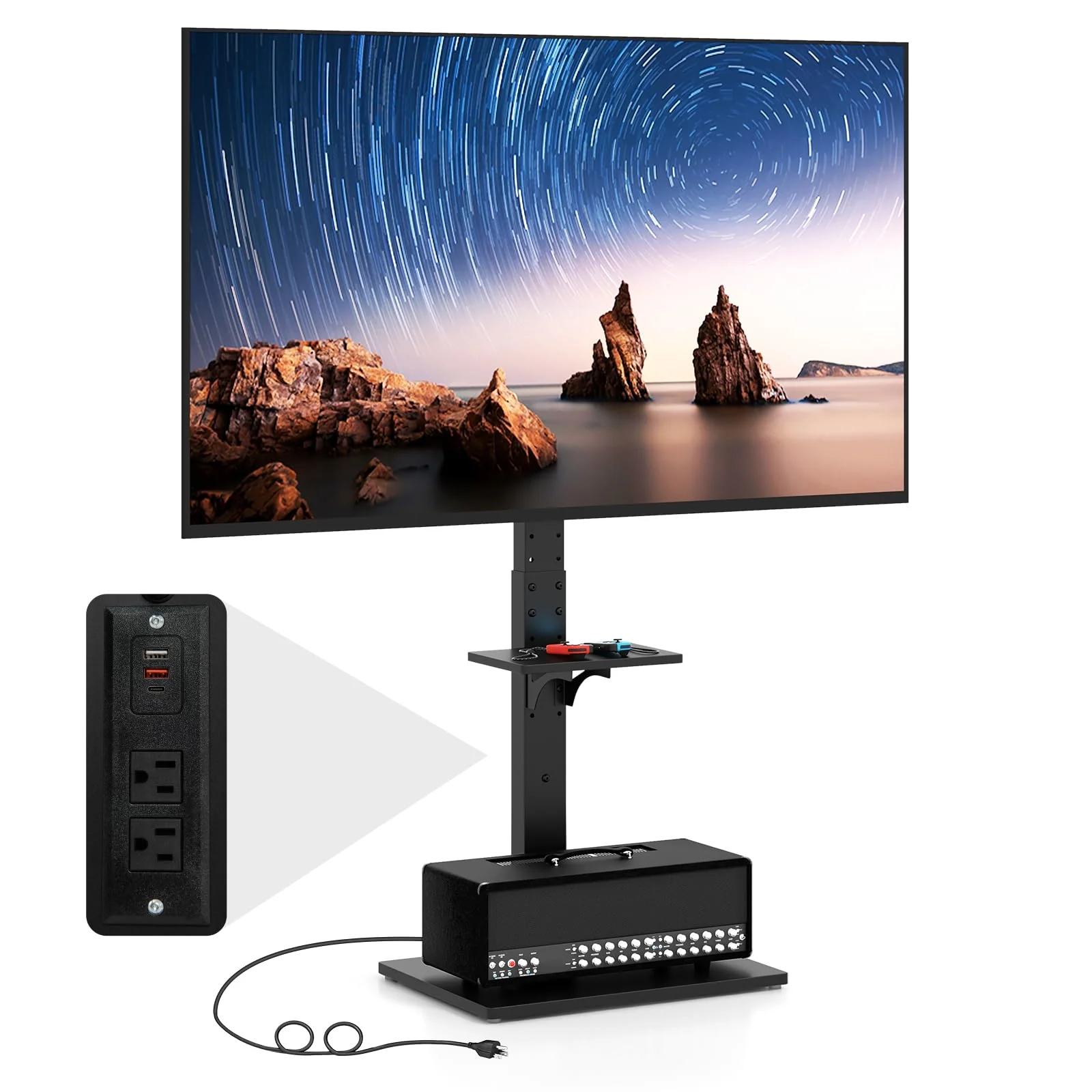 Goplus Floor TV Stand with Power Outlet, Universal TV Stand for 32-70 Inch TVs up to 110 lbs, Tilt & Height Adjustable