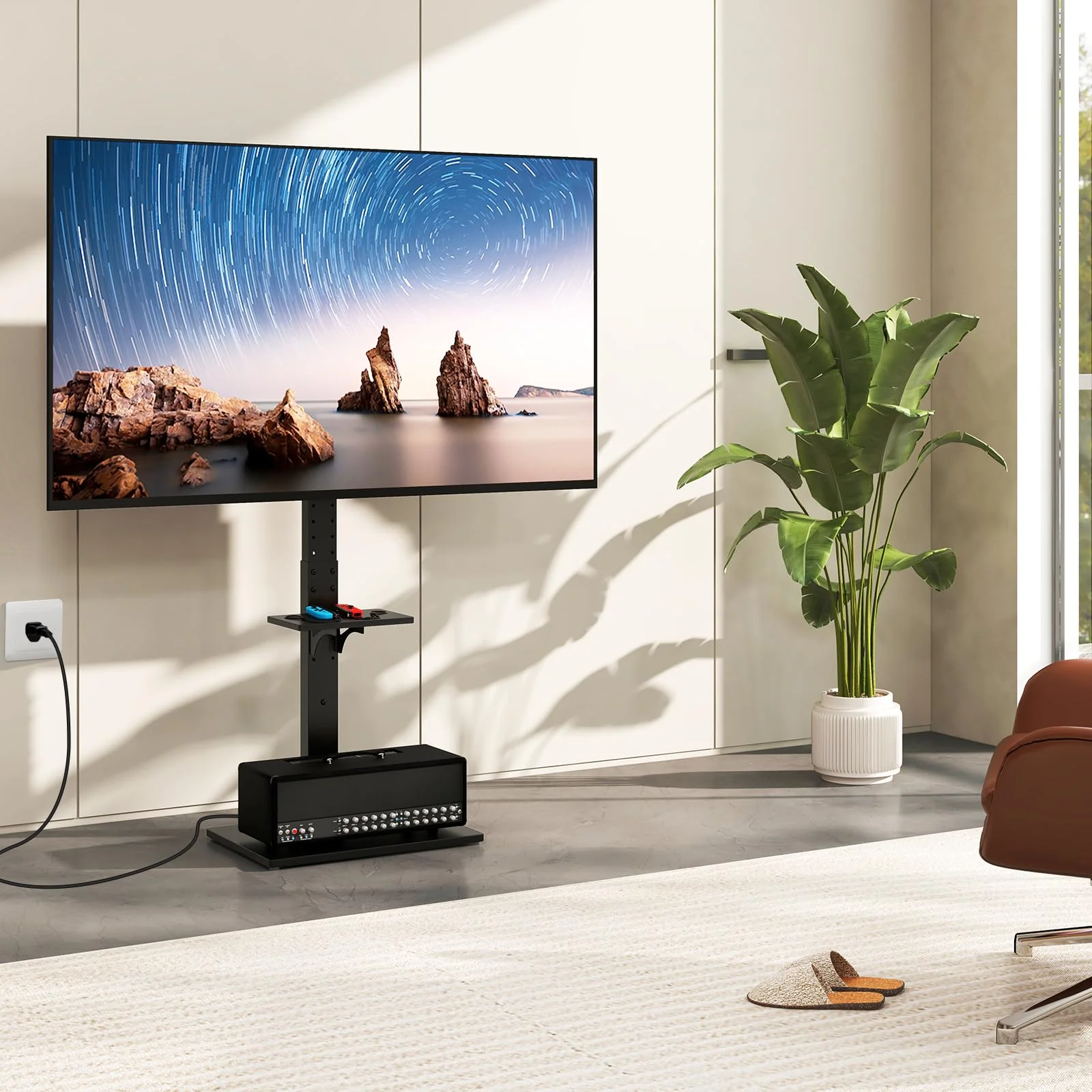 Goplus Floor TV Stand with Power Outlet, Universal TV Stand for 32-70 Inch TVs up to 110 lbs, Tilt & Height Adjustable - Image 2