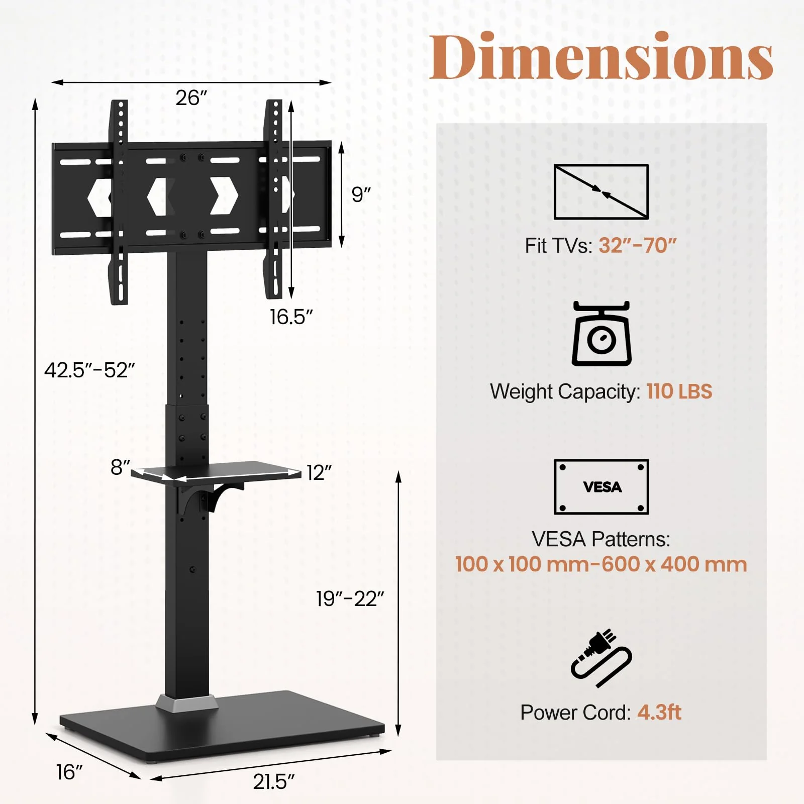 Goplus Floor TV Stand with Power Outlet, Universal TV Stand for 32-70 Inch TVs up to 110 lbs, Tilt & Height Adjustable - Image 7