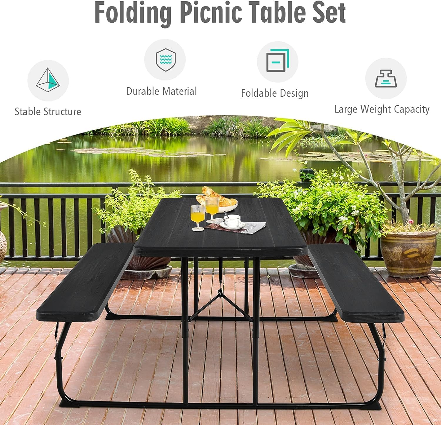 Goplus Foldable Picnic Table with Benches - Image 3