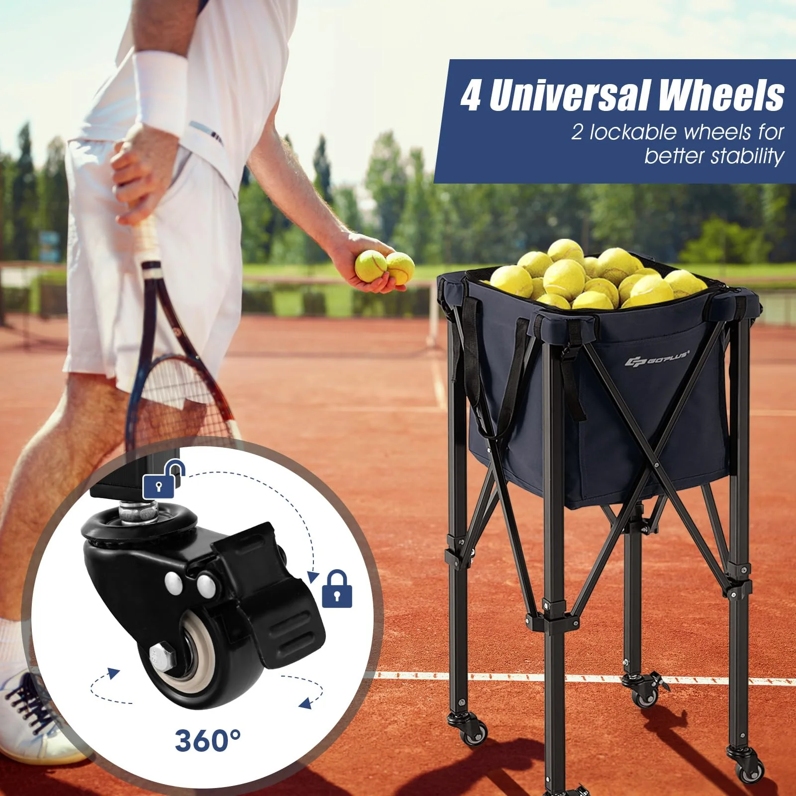 Goplus Foldable Tennis Ball Hoppers, Lightweight Aluminum Tennis Ball Basket - Image 3
