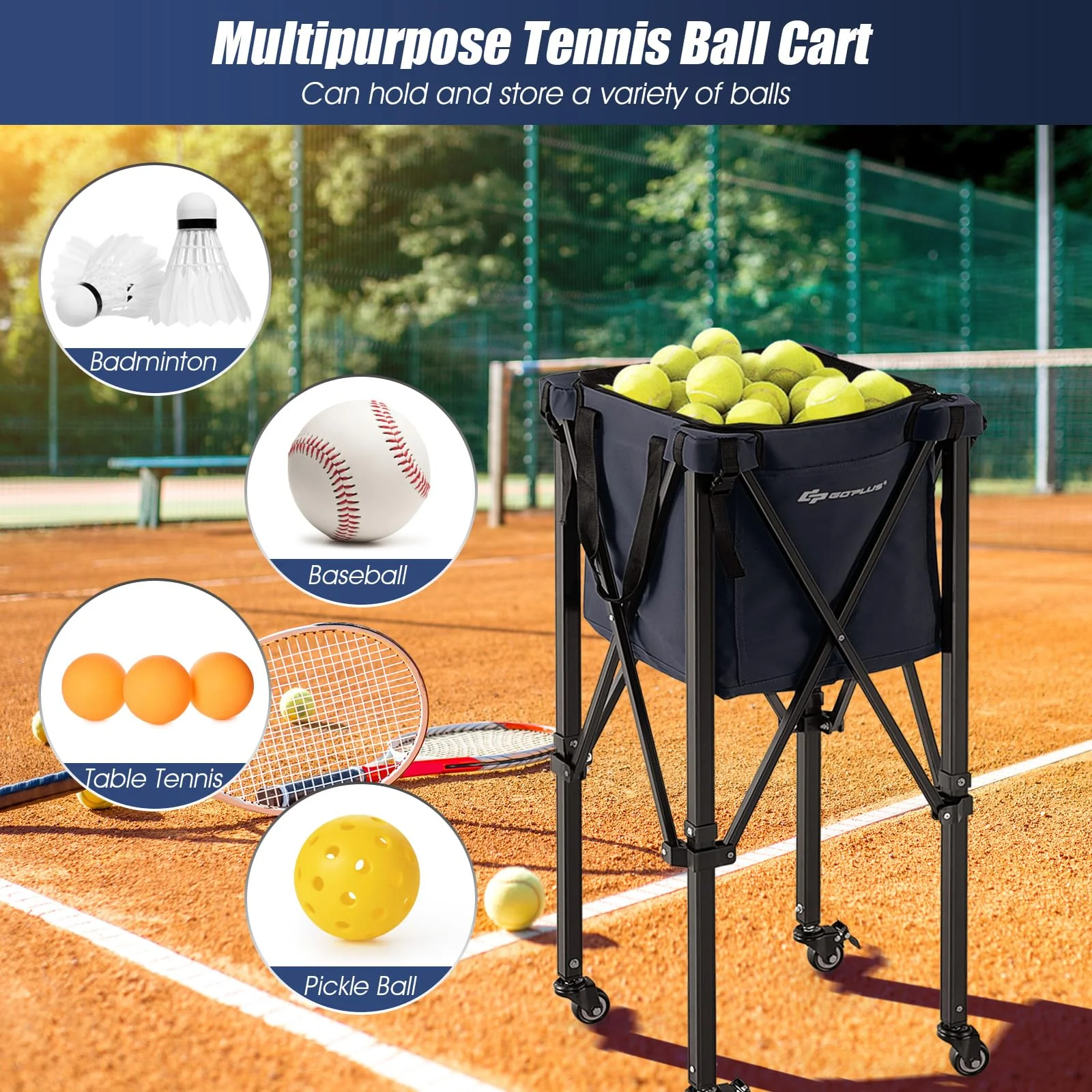 Goplus Foldable Tennis Ball Hoppers, Lightweight Aluminum Tennis Ball Basket - Image 5