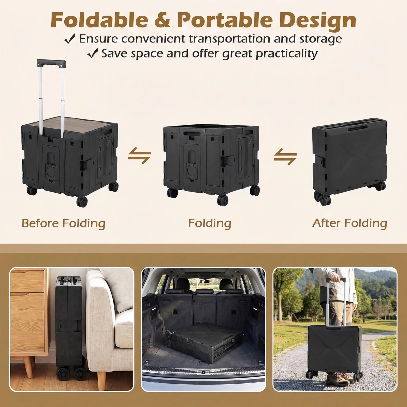 Goplus Foldable Utility Cart on 4 Rotate Wheels - Image 3