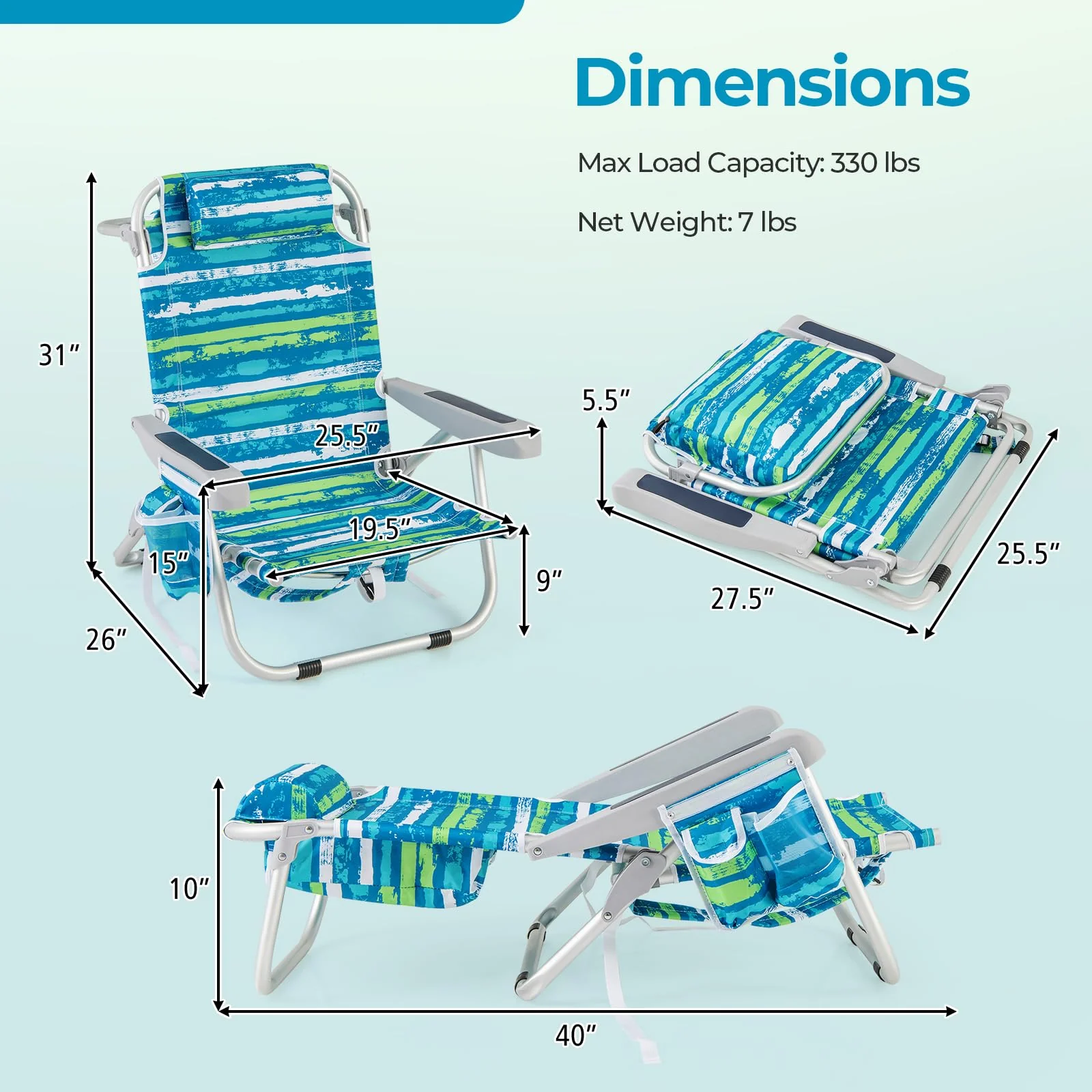 Goplus Folding Backpack Beach Chairs, Aluminum Sling Camping Chair with 5-Position Backrest, Towel Hanging Rack - Image 3