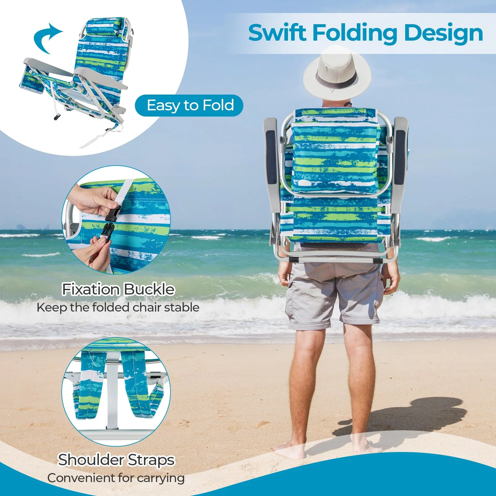 Goplus Folding Backpack Beach Chairs, Aluminum Sling Camping Chair with 5-Position Backrest, Towel Hanging Rack - Image 5