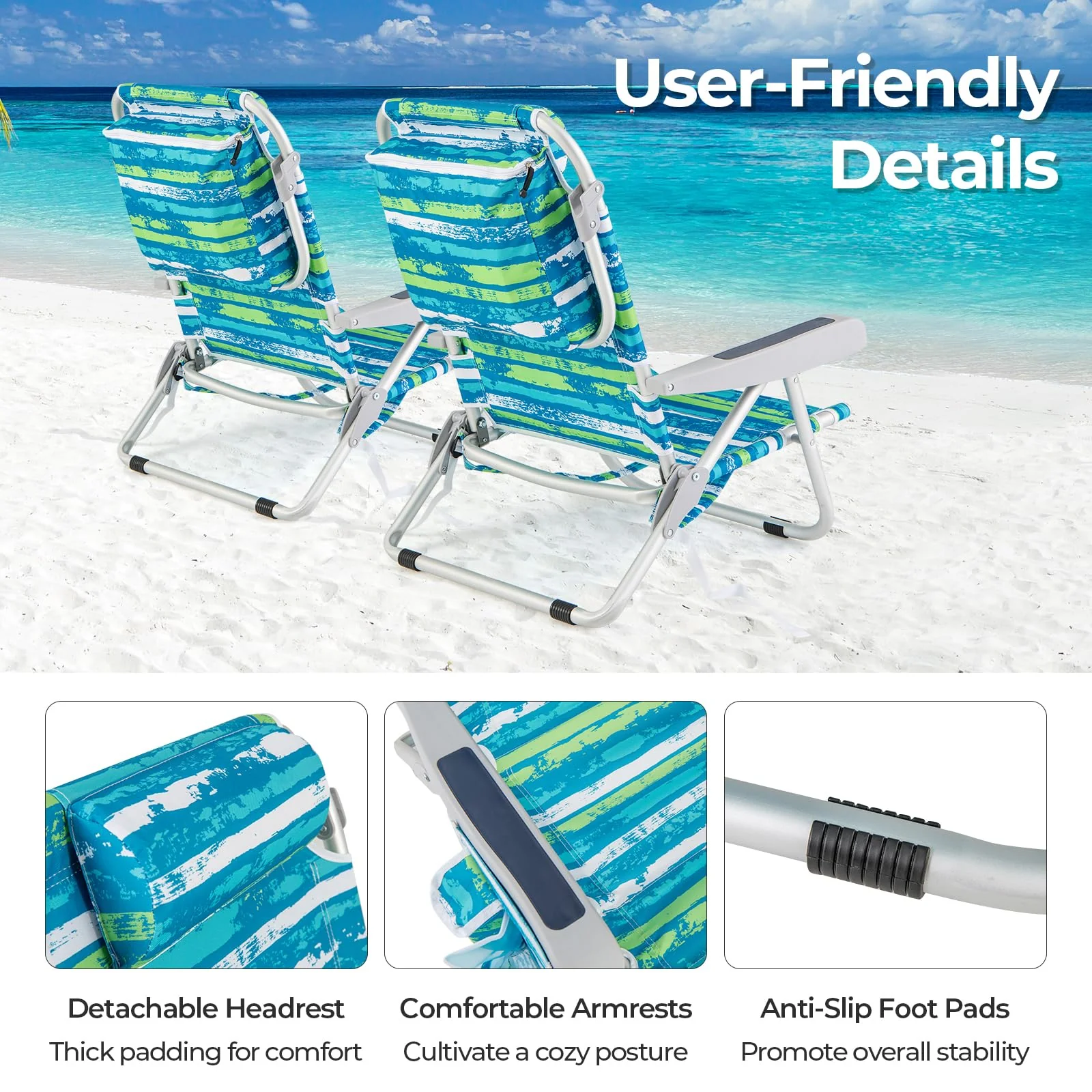 Goplus Folding Backpack Beach Chairs, Aluminum Sling Camping Chair with 5-Position Backrest, Towel Hanging Rack - Image 7
